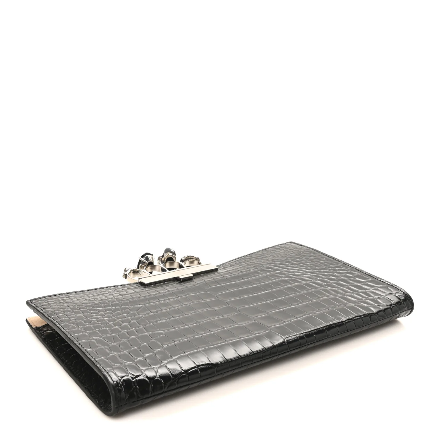 Calfskin Crocodile Embossed Knuckle Flat Clutch Black - Image 4