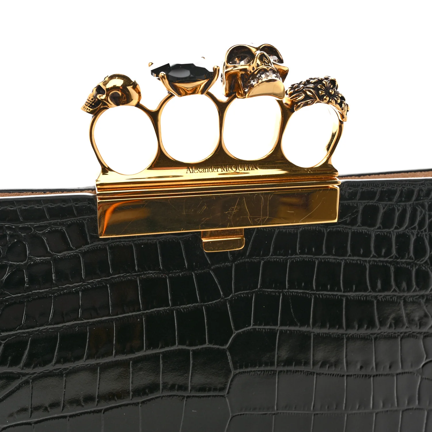 Calfskin Crocodile Embossed Knuckle Flat Clutch Black Gold - Image 8