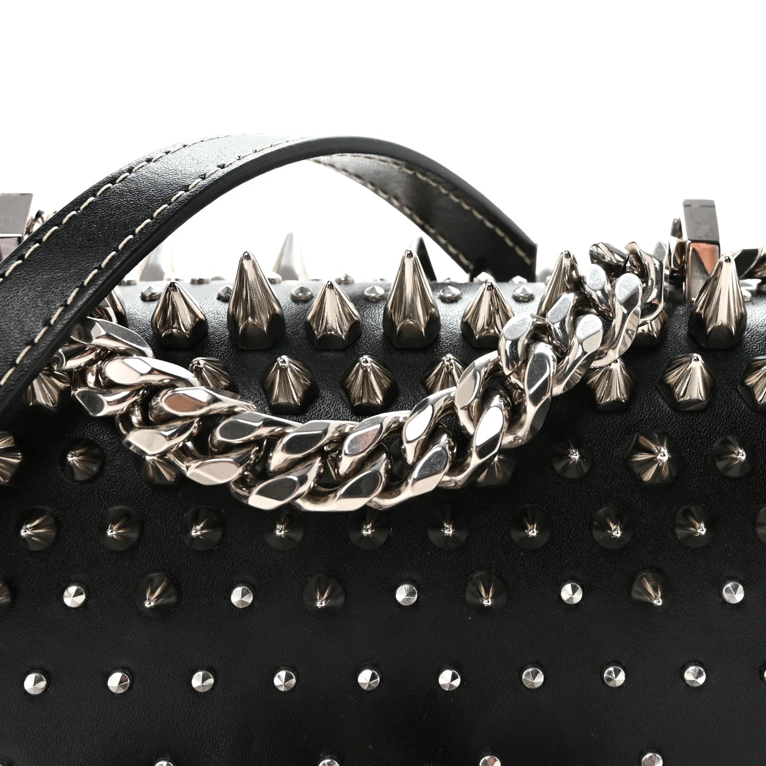 Calfskin Spike Studded Knuckle Satchel Black Silver - Image 7