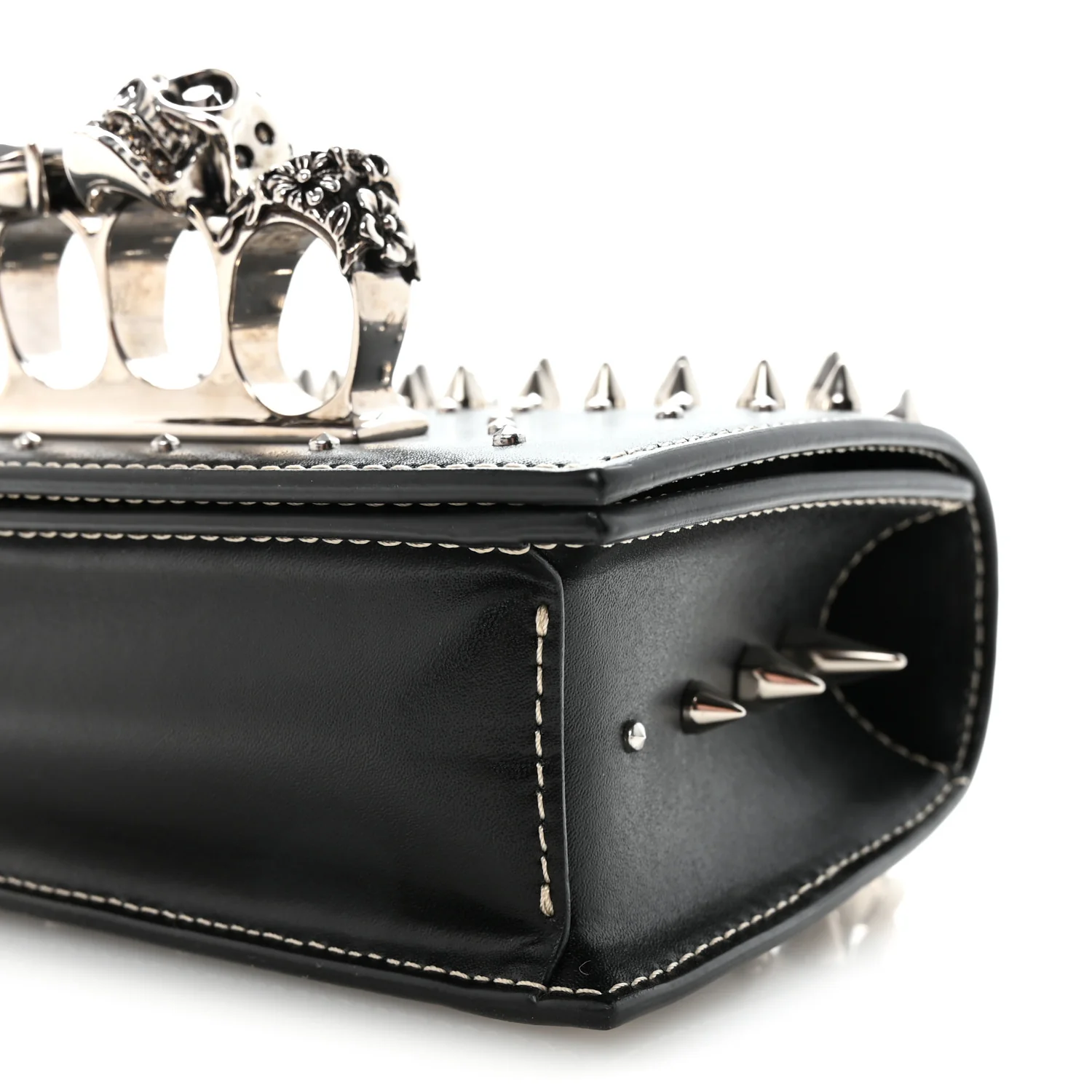 Calfskin Spike Studded Knuckle Satchel Black Silver - Image 9