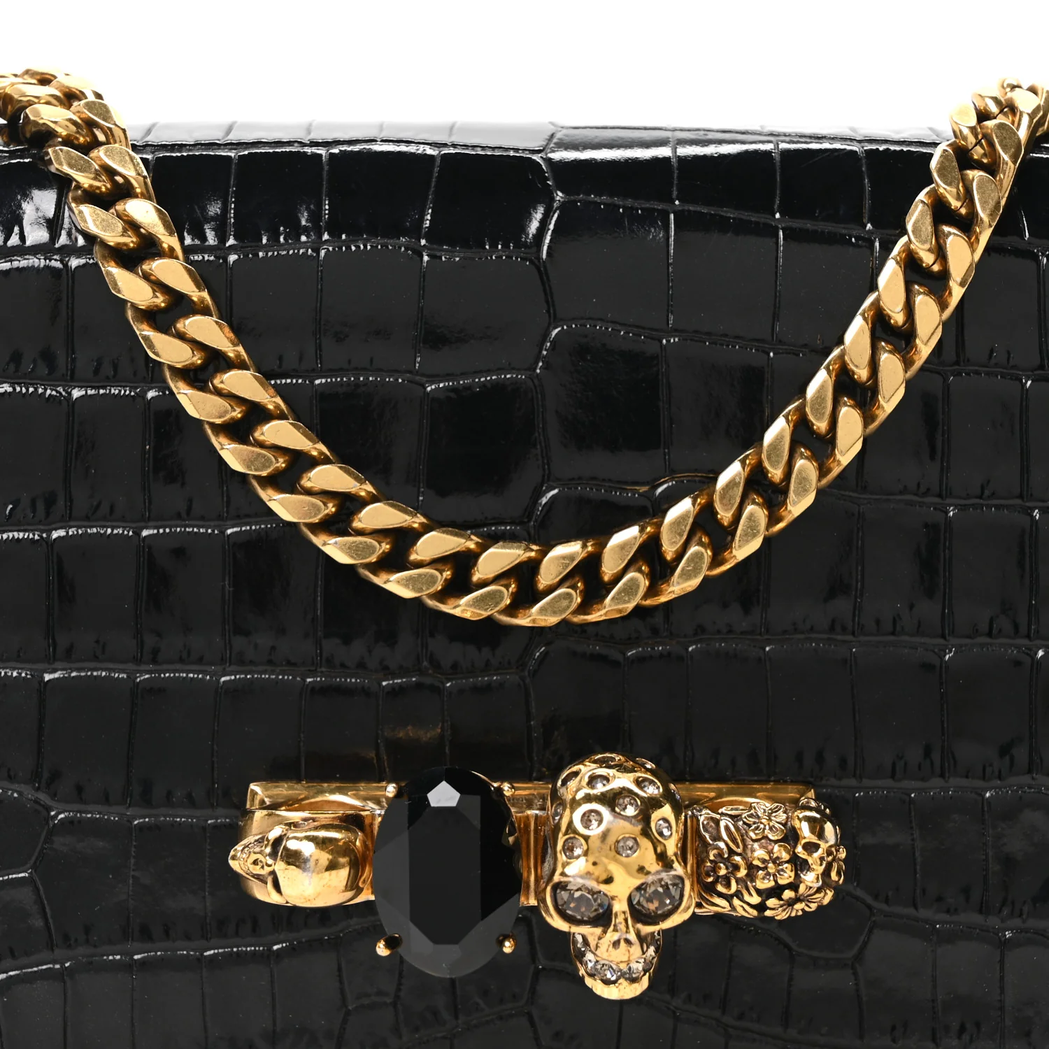 Crocodile Embossed Calfskin Knuckle Jeweled Crossbody Black - Image 8