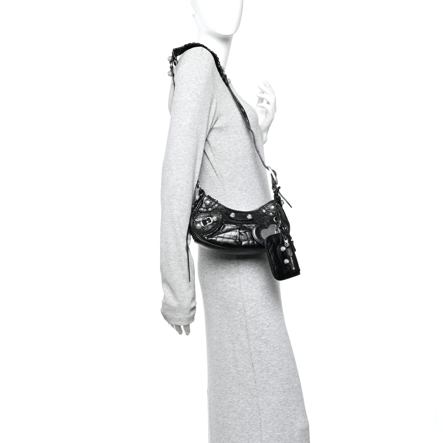 Extra Supple Calfskin Crystal Crocodile Embossed Le Cagole Shoulder Bag XS Black - Image 2