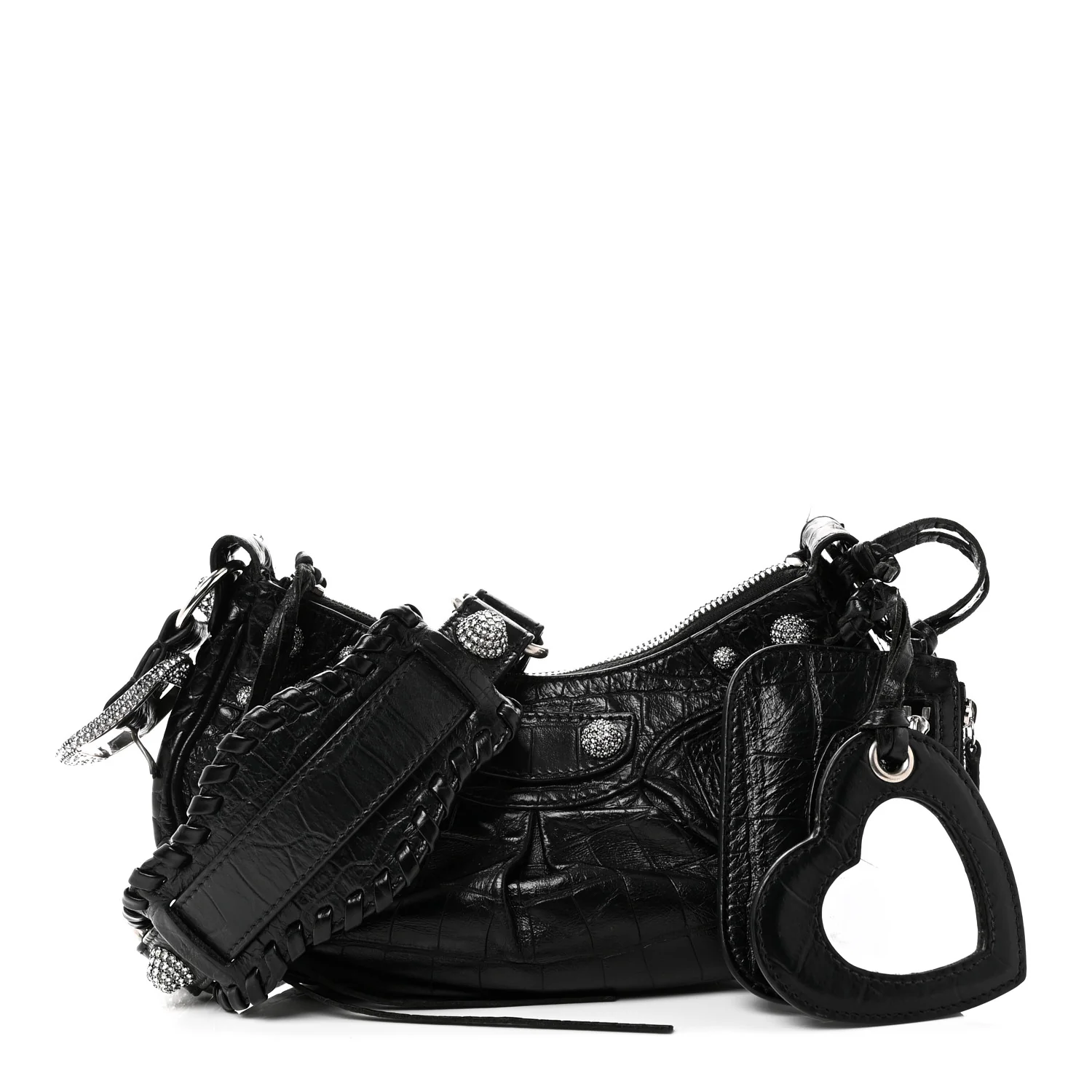 Extra Supple Calfskin Crystal Crocodile Embossed Le Cagole Shoulder Bag XS Black - Image 3