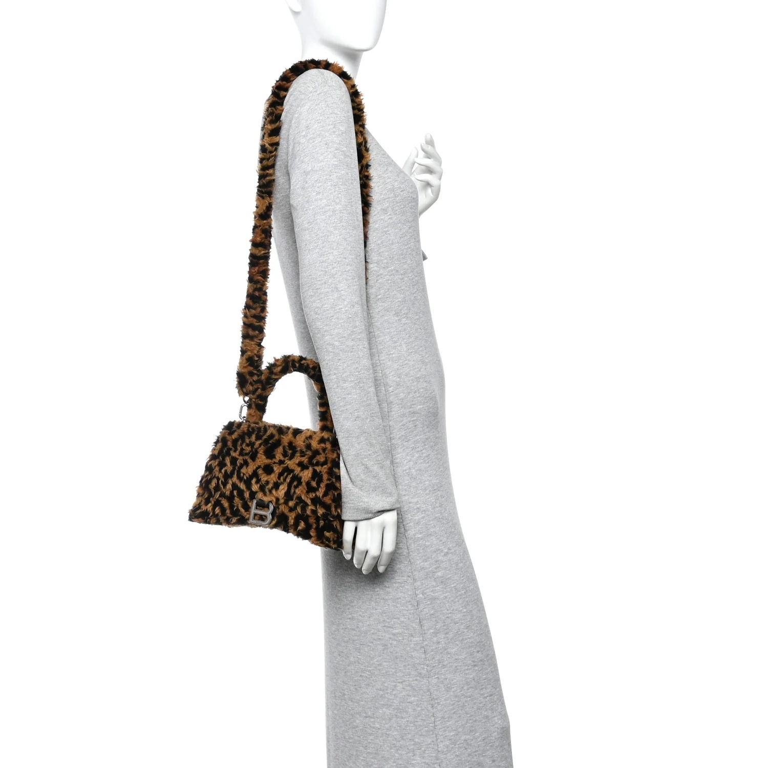 Fleece Leopard Print Small Hourglass Top Handle Bag Brown - Image 2