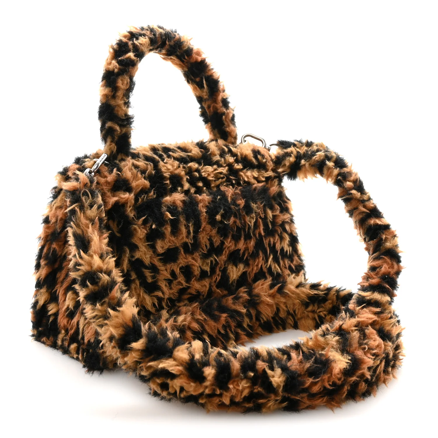 Fleece Leopard Print Small Hourglass Top Handle Bag Brown - Image 3