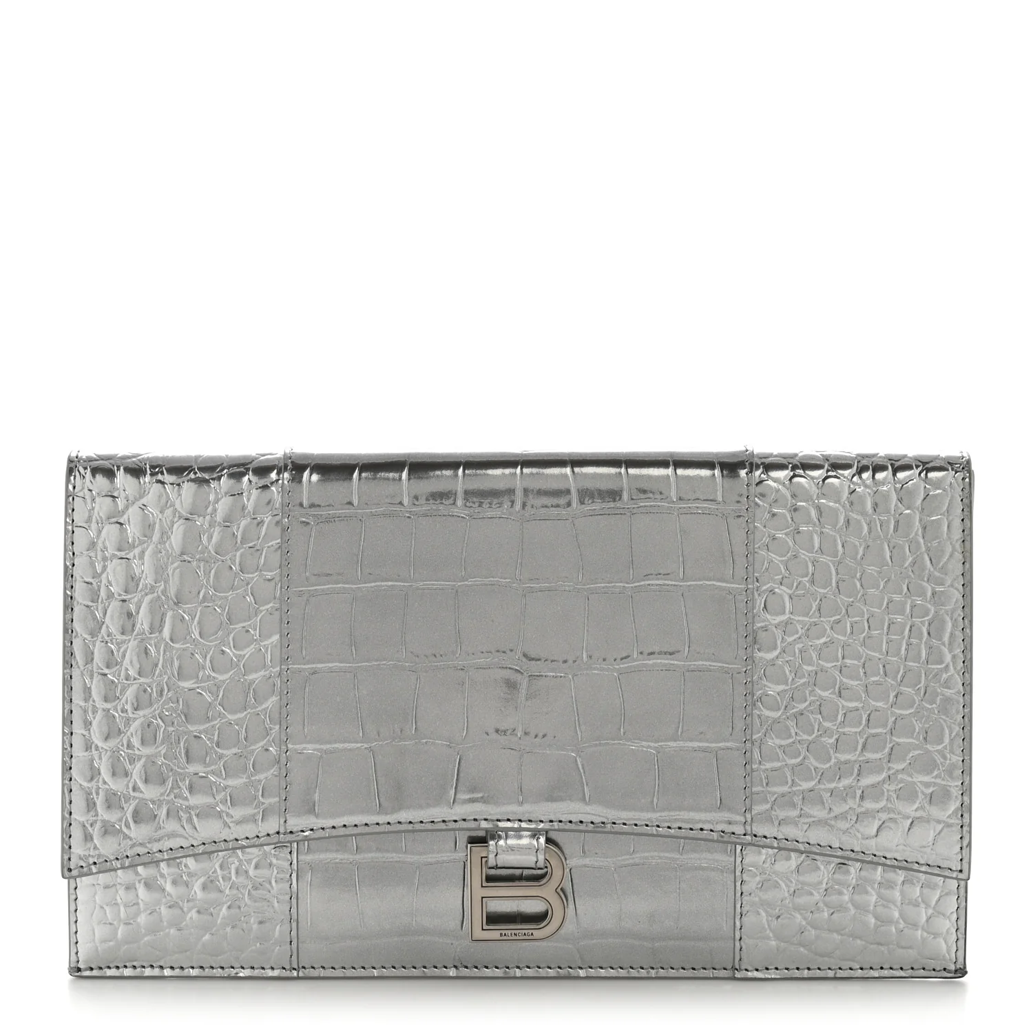 Metallic Calfskin Crocodile Embossed Hourglass Flap Flat Pouch Silver