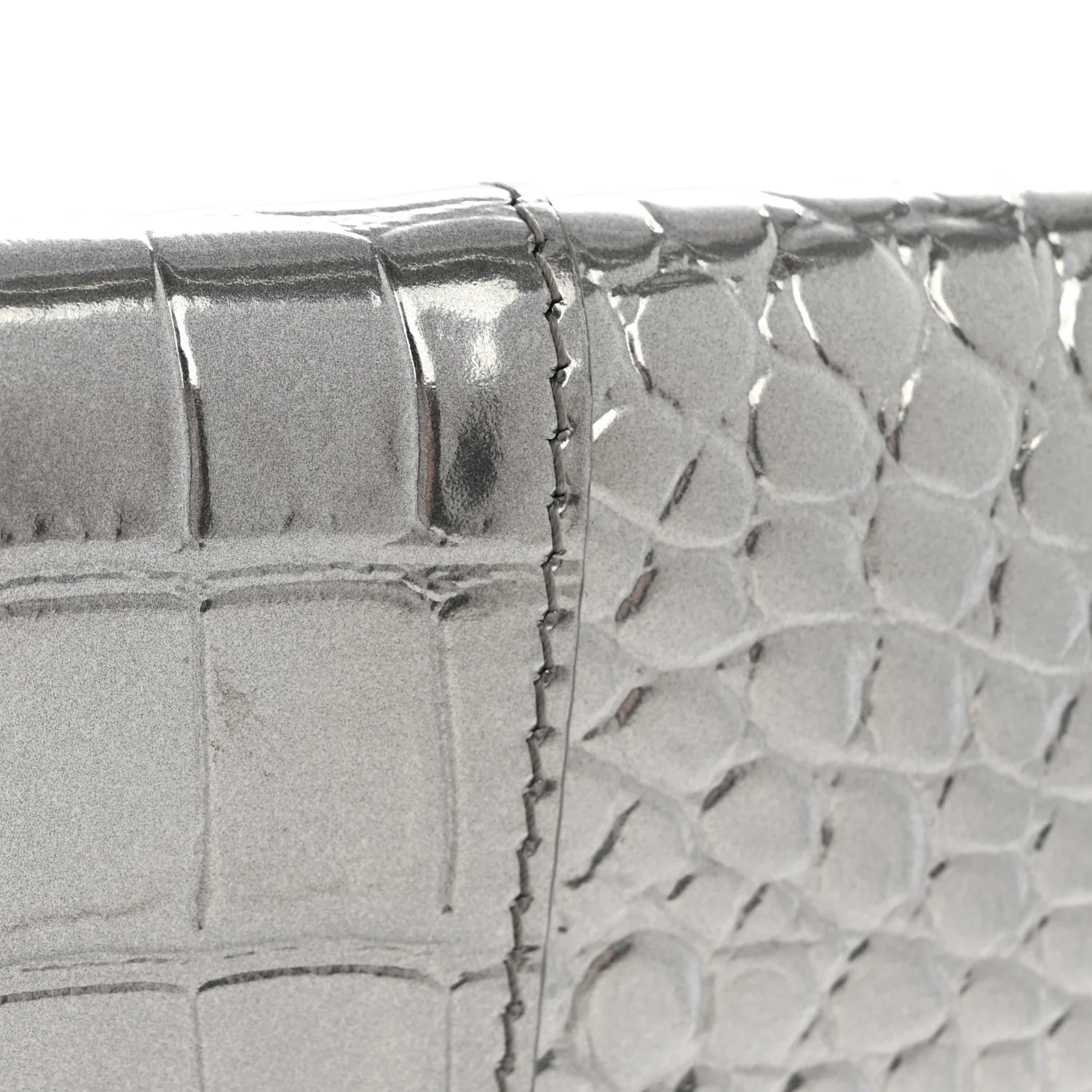 Metallic Calfskin Crocodile Embossed Hourglass Flap Flat Pouch Silver - Image 14