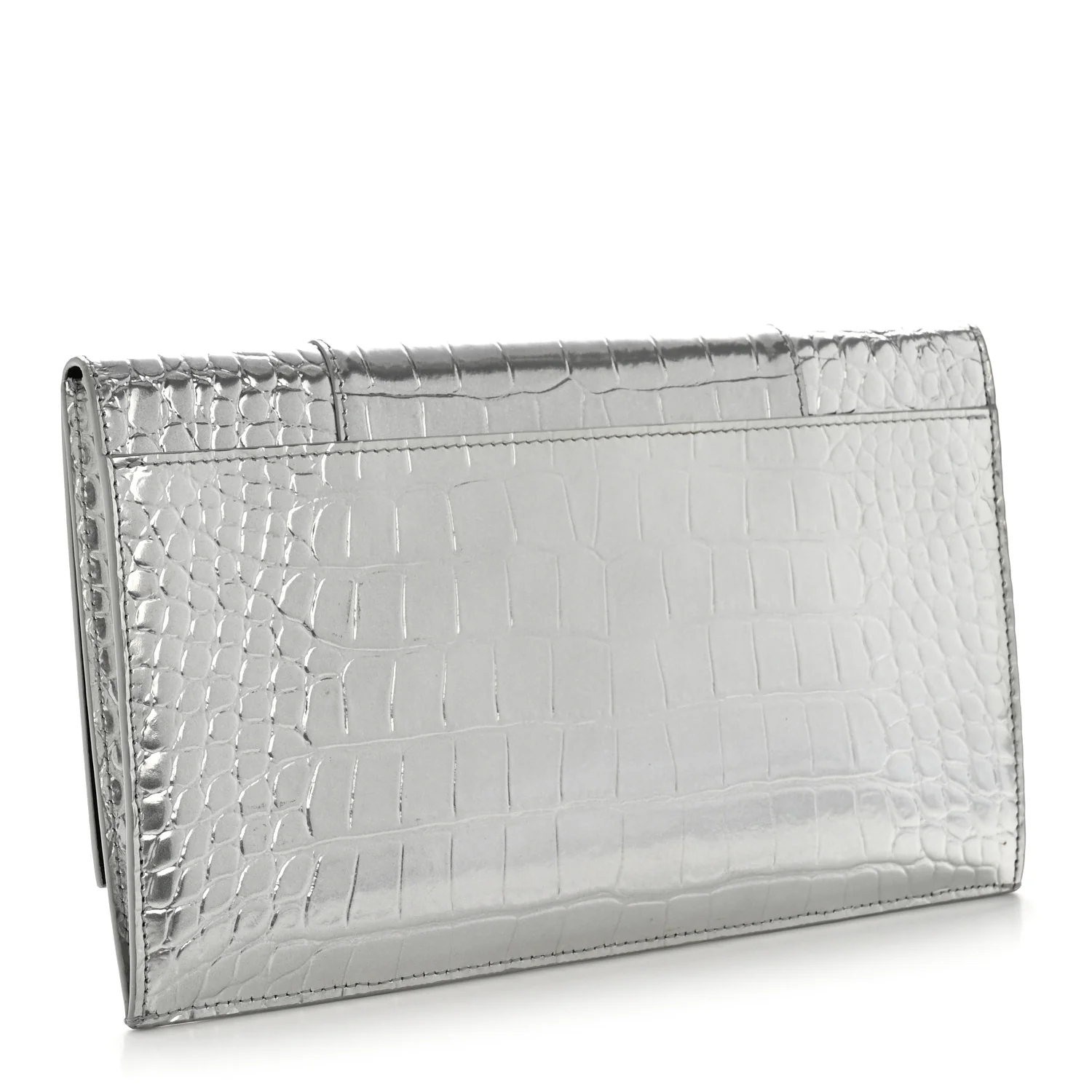 Metallic Calfskin Crocodile Embossed Hourglass Flap Flat Pouch Silver - Image 3