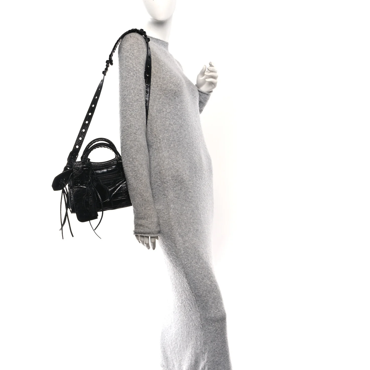 Semi Shiny Calfskin Crocodile Embossed Monochrome Neo Cagole Handbag XS Black - Image 2