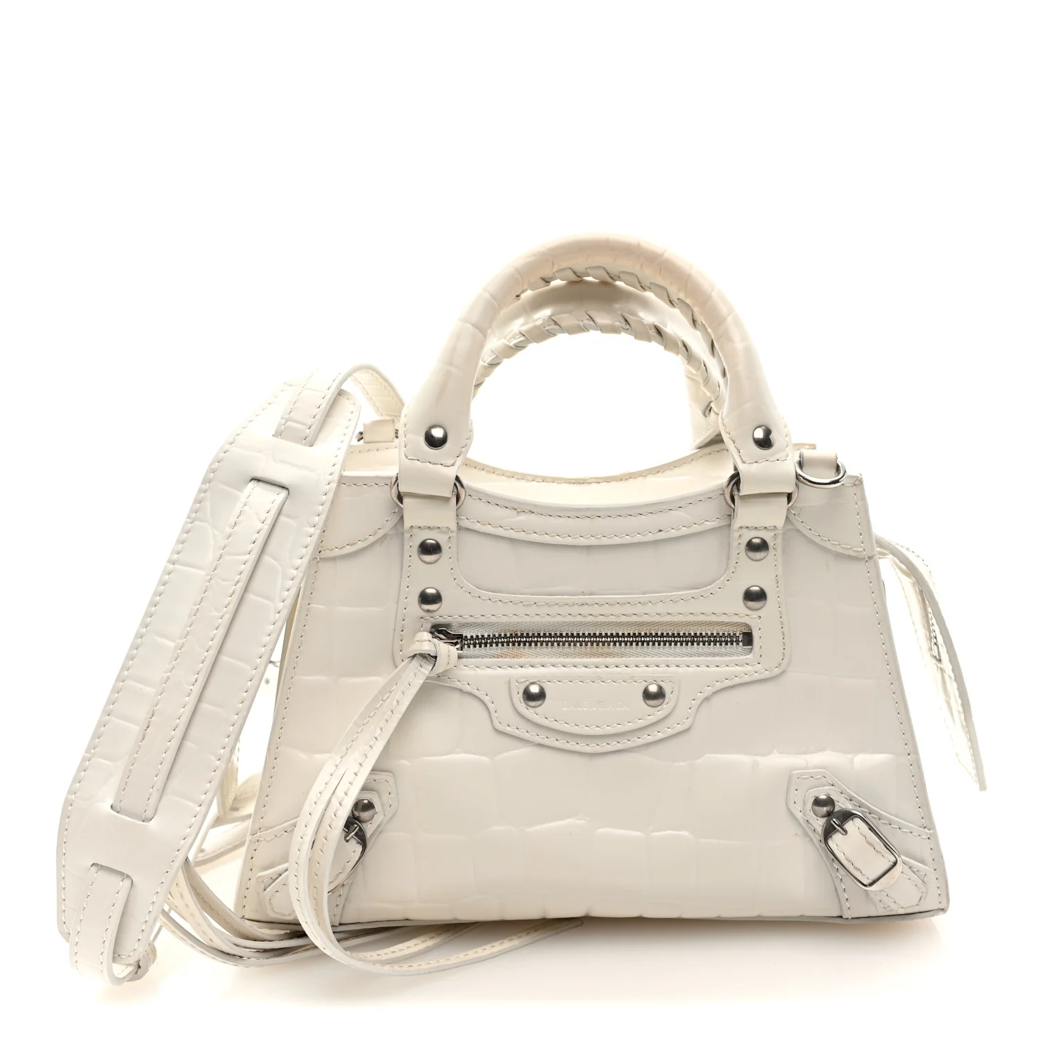 Semi Shiny Calfskin Crocodile Embossed Neo Classic Silver Hardware Mini City White