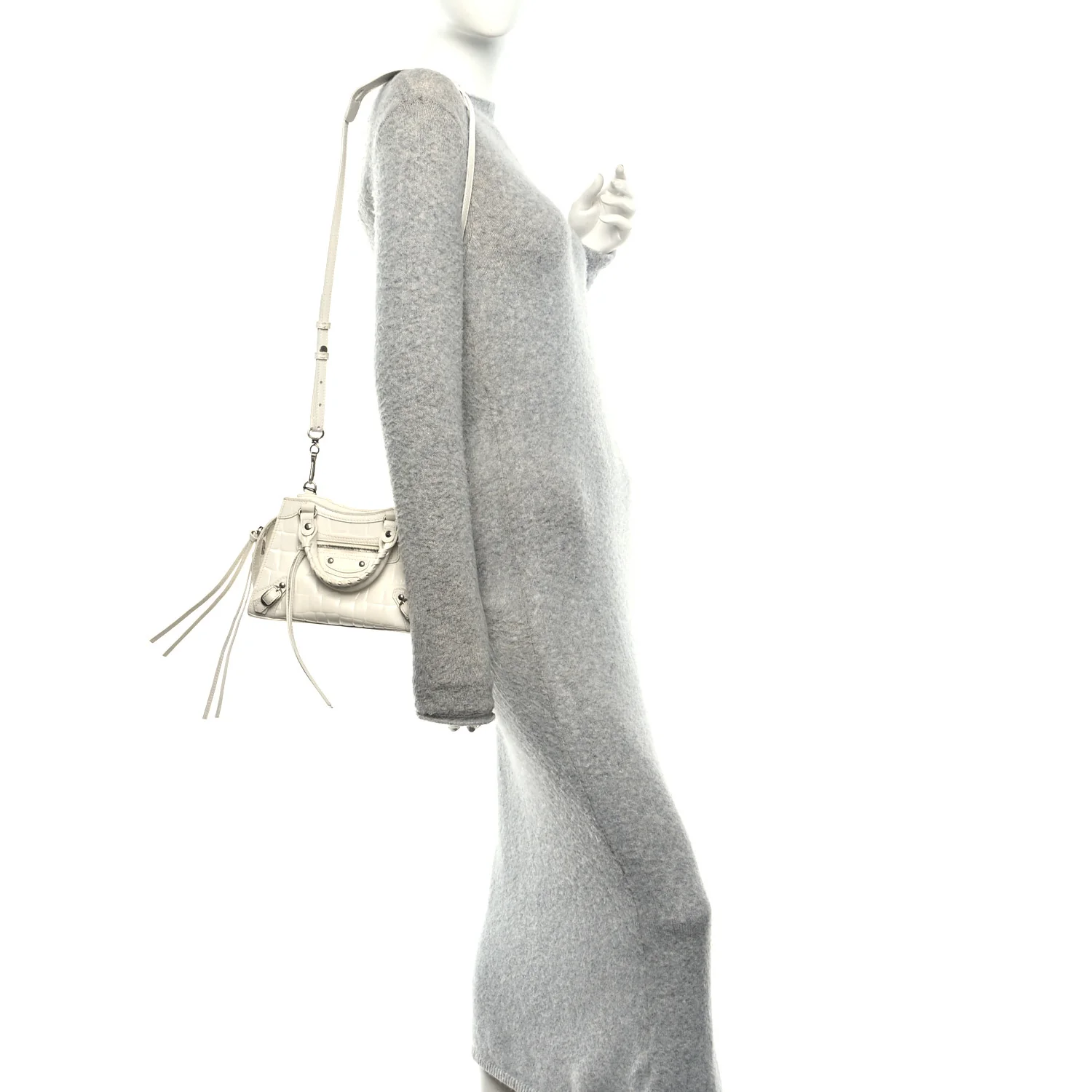 Semi Shiny Calfskin Crocodile Embossed Neo Classic Silver Hardware Mini City White - Image 2