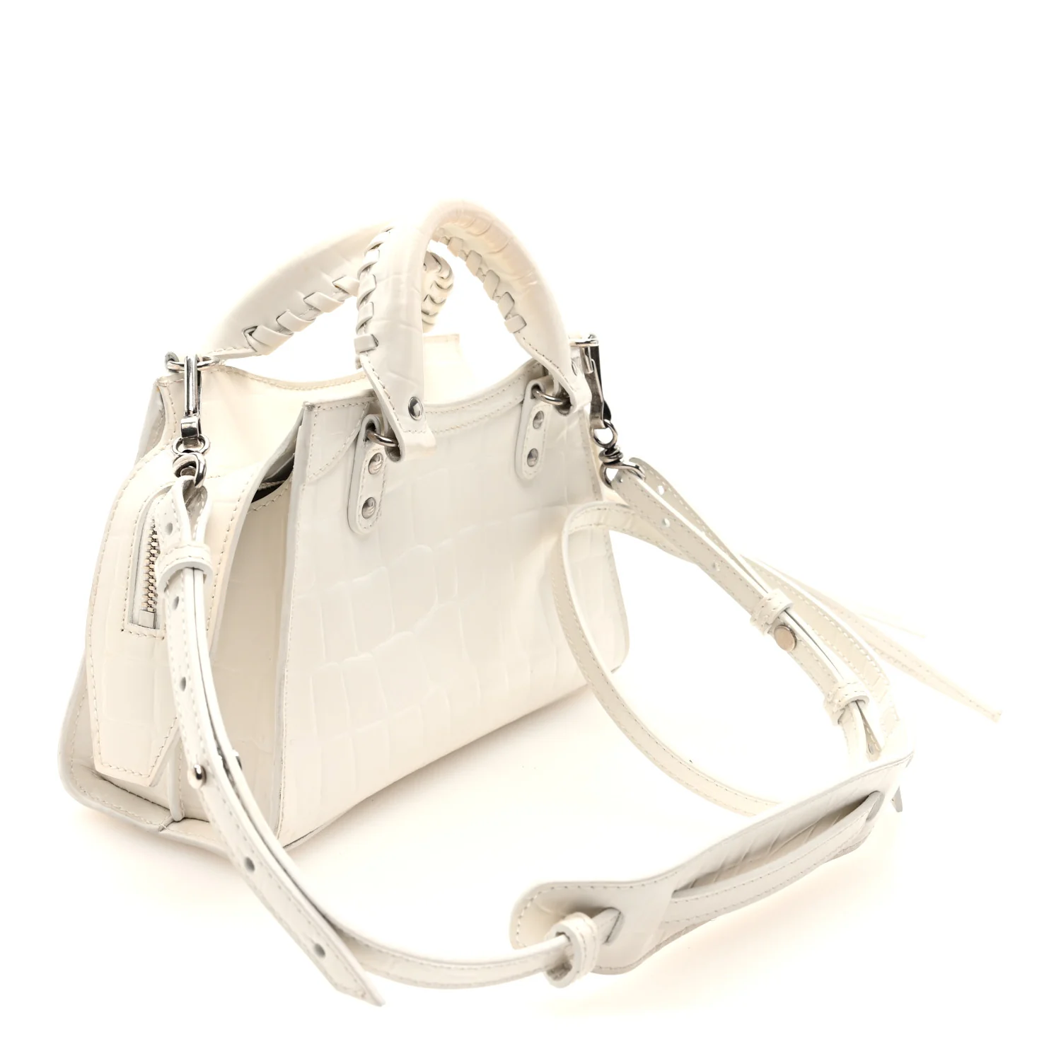 Semi Shiny Calfskin Crocodile Embossed Neo Classic Silver Hardware Mini City White - Image 3