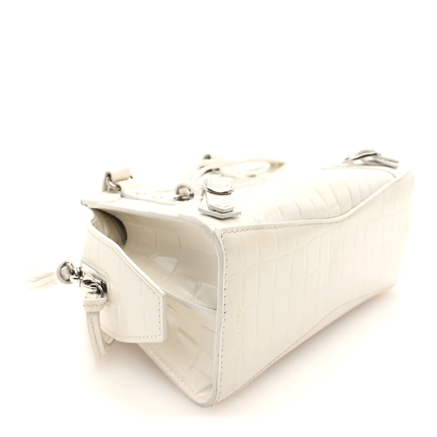 Semi Shiny Calfskin Crocodile Embossed Neo Classic Silver Hardware Mini City White - Image 4