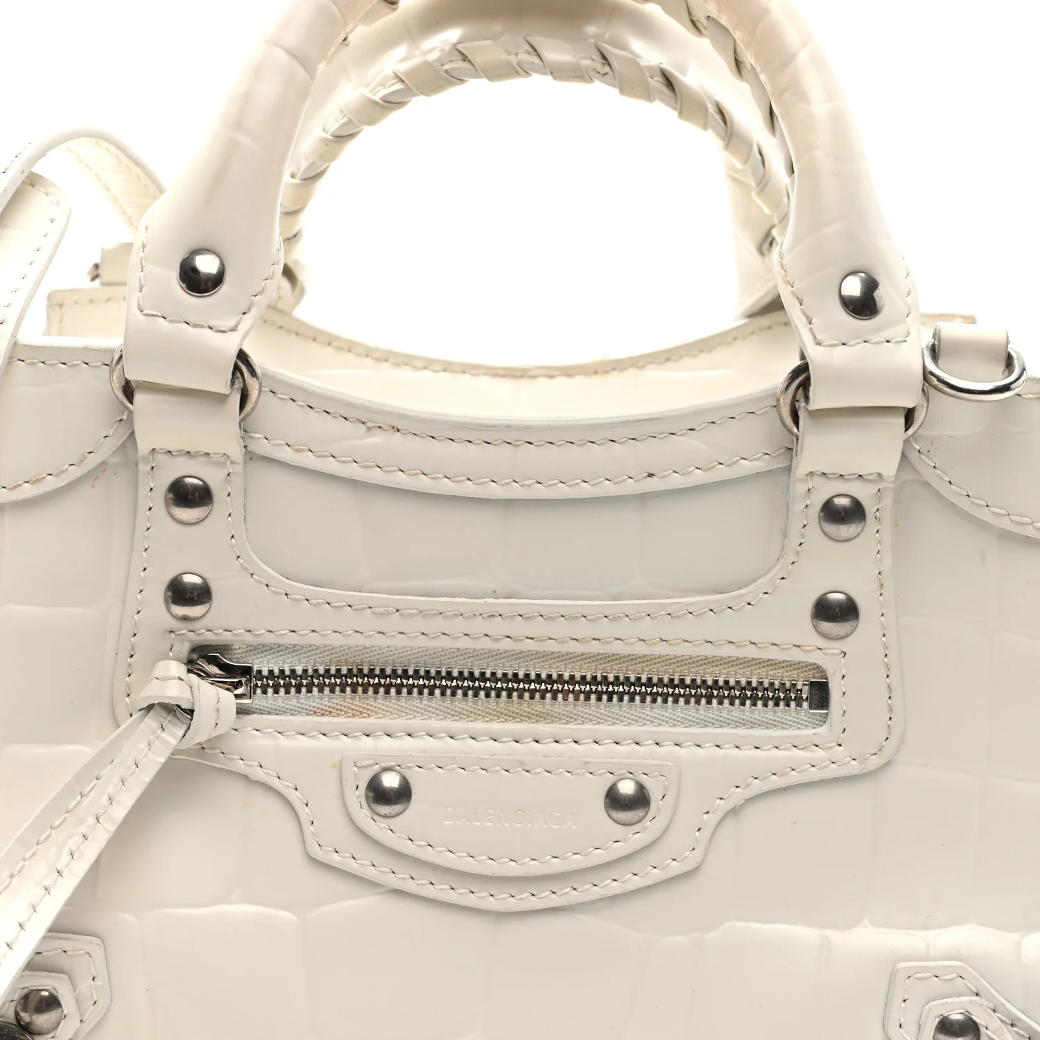 Semi Shiny Calfskin Crocodile Embossed Neo Classic Silver Hardware Mini City White - Image 7