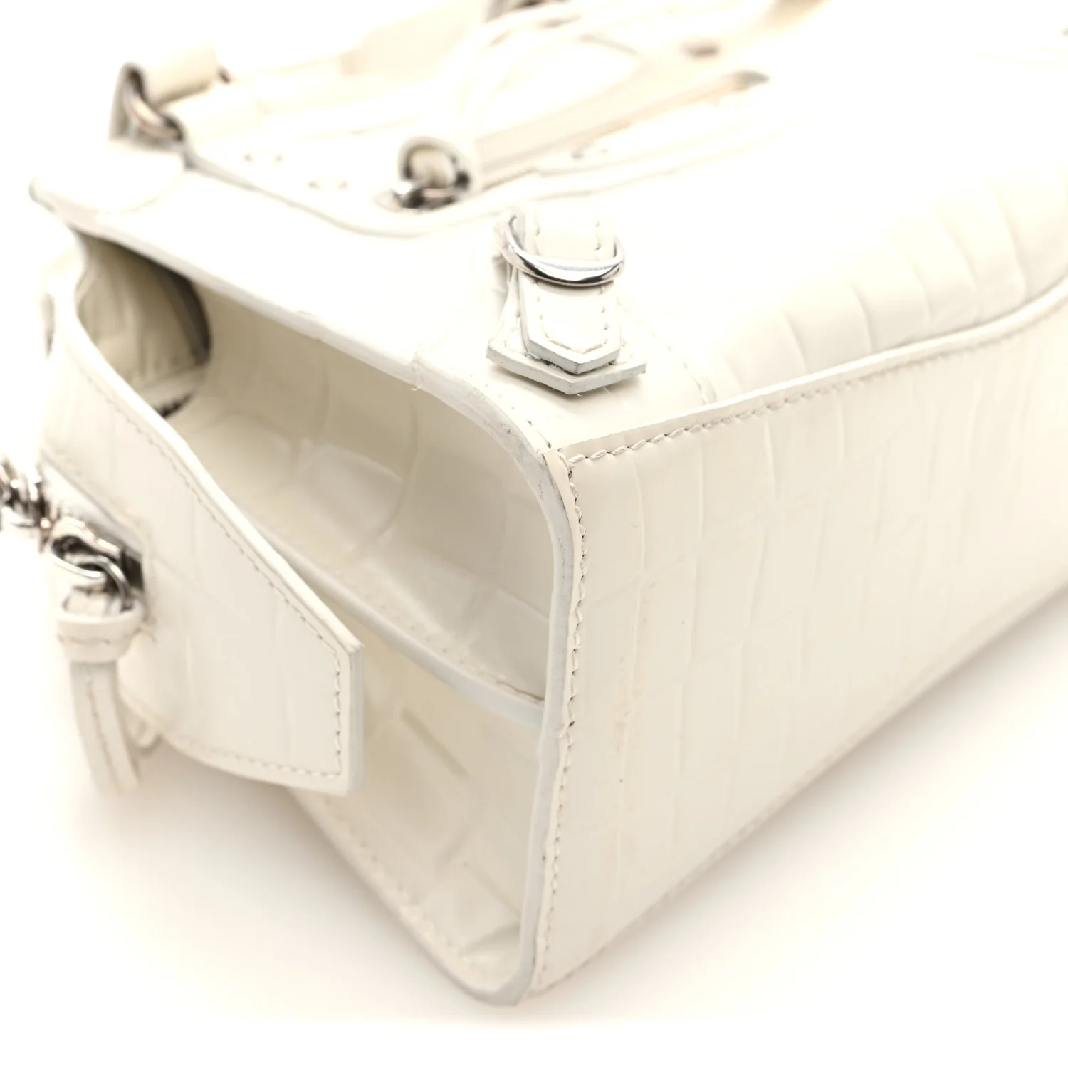 Semi Shiny Calfskin Crocodile Embossed Neo Classic Silver Hardware Mini City White - Image 8
