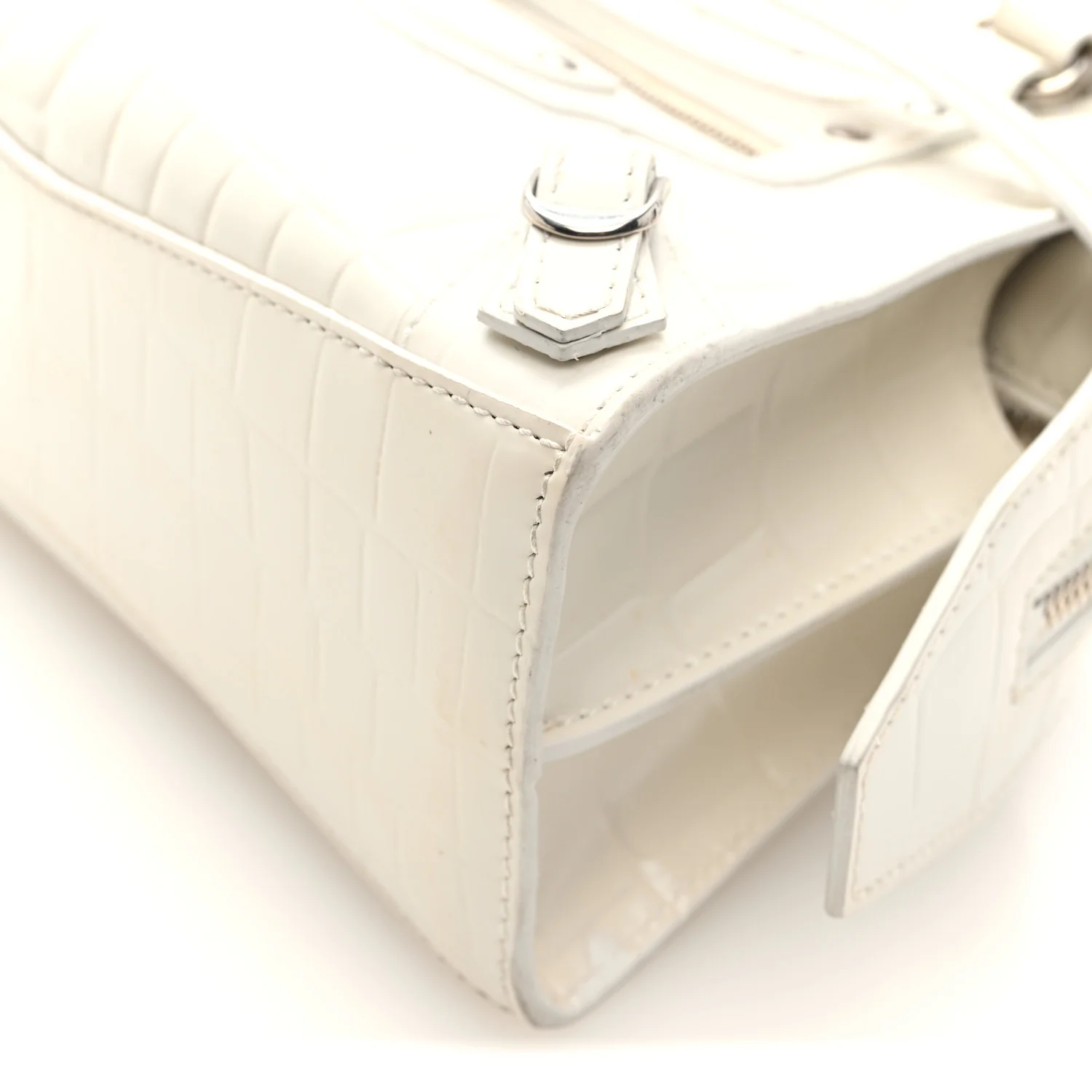 Semi Shiny Calfskin Crocodile Embossed Neo Classic Silver Hardware Mini City White - Image 9