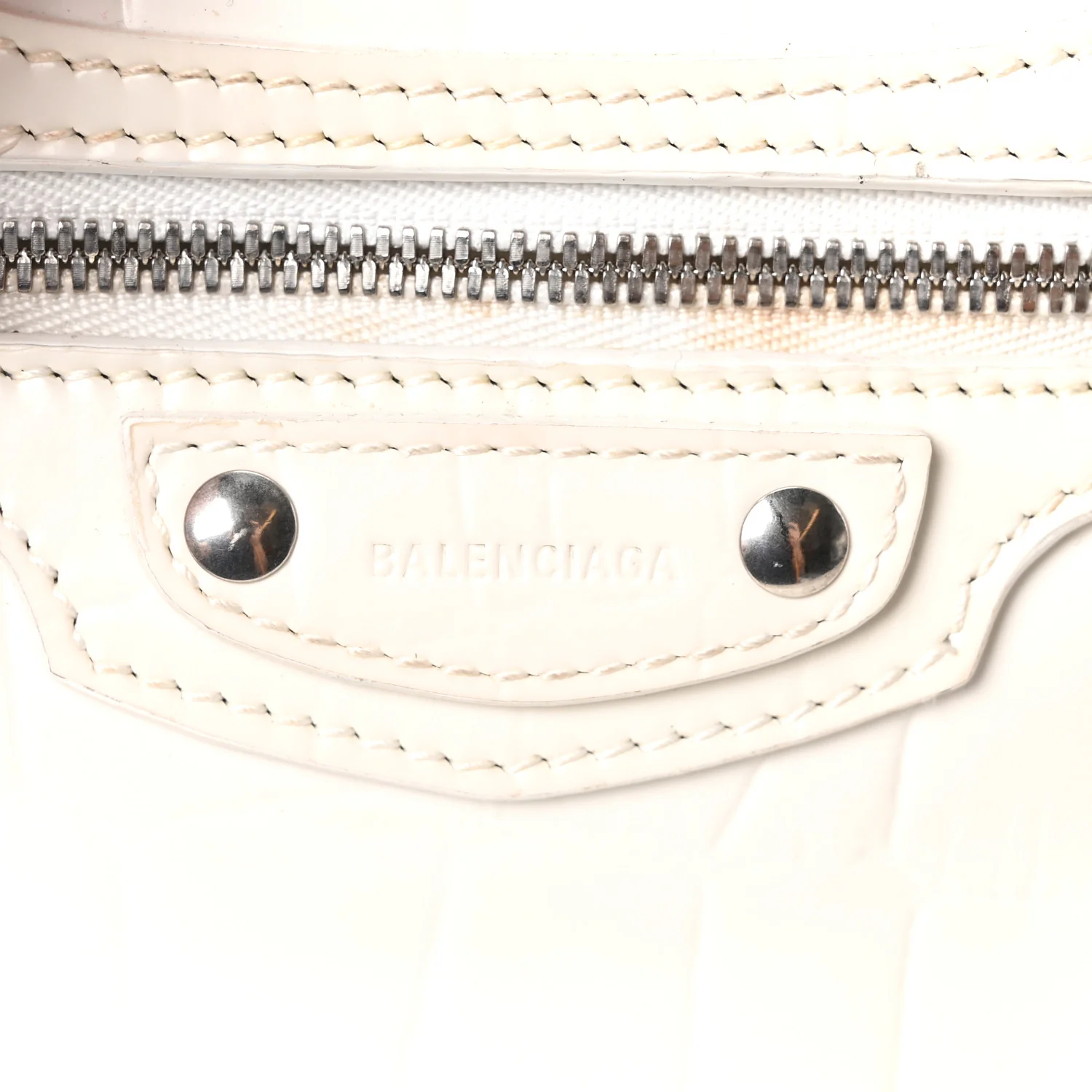 Semi Shiny Calfskin Crocodile Embossed Neo Classic Silver Hardware Nano City Crossbody White - Image 11