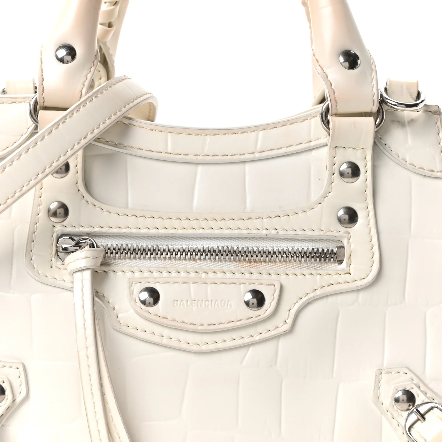 Semi Shiny Calfskin Crocodile Embossed Neo Classic Silver Hardware Nano City Crossbody White - Image 12
