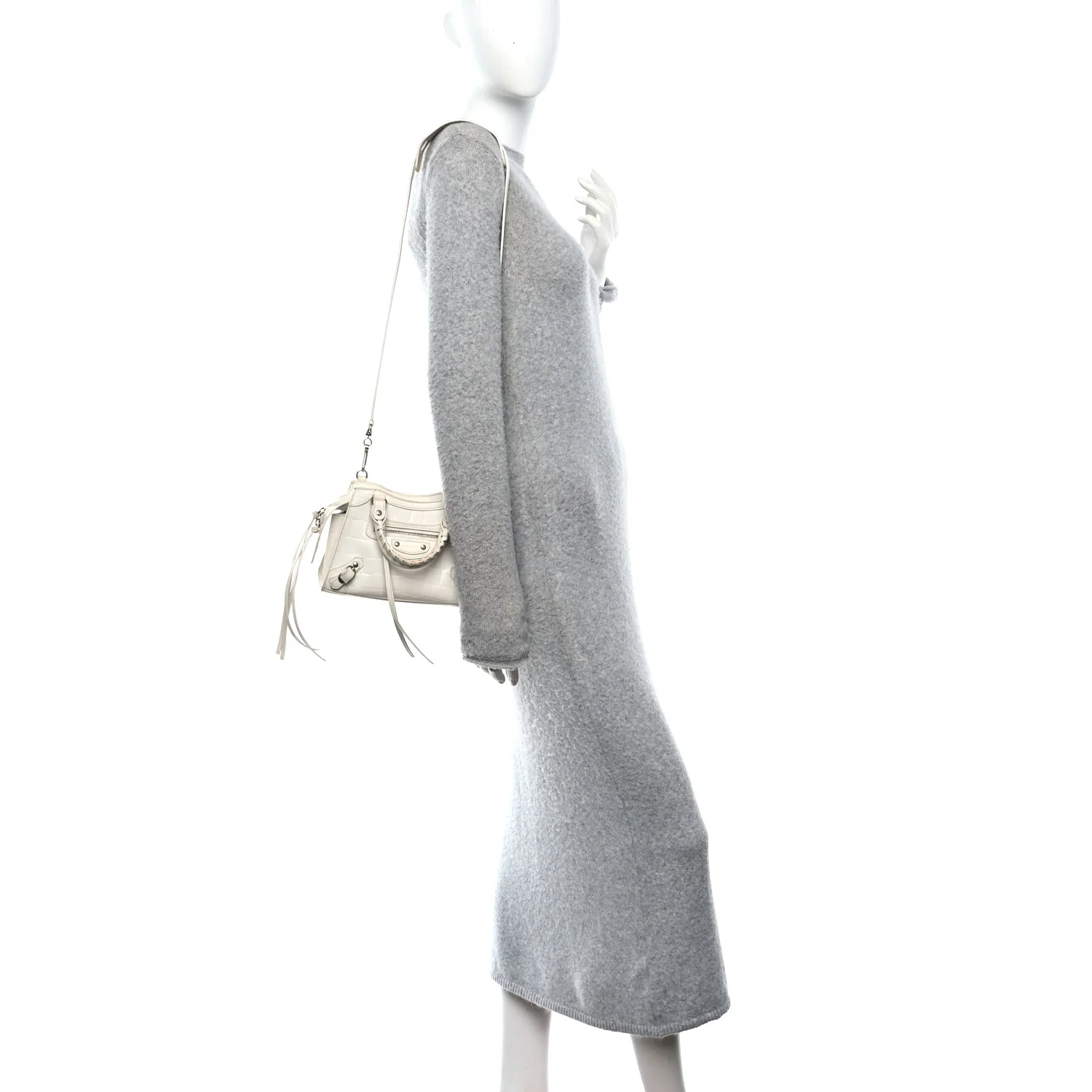 Semi Shiny Calfskin Crocodile Embossed Neo Classic Silver Hardware Nano City Crossbody White - Image 3
