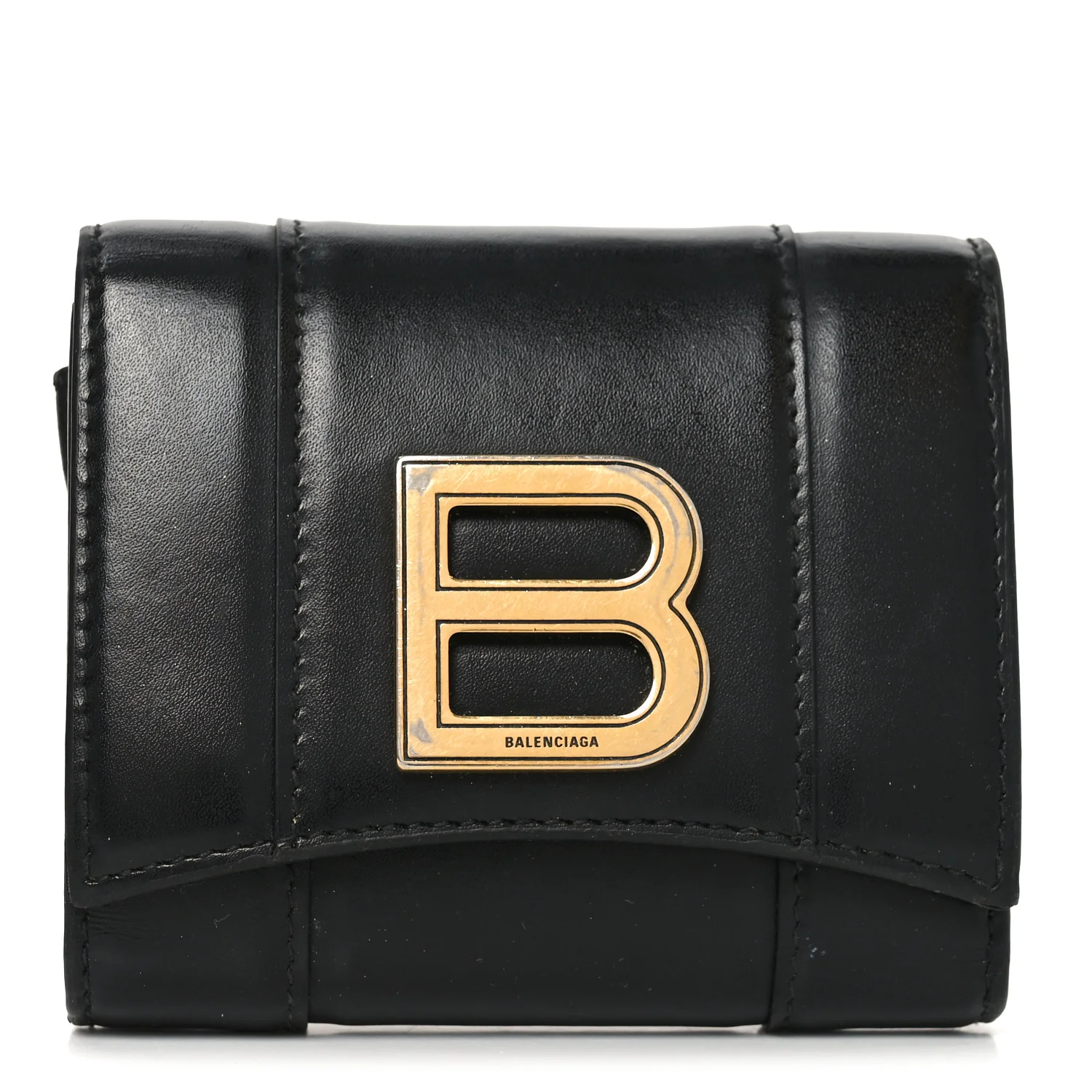 Shiny Box Calfskin Hourglass Compact Wallet Black