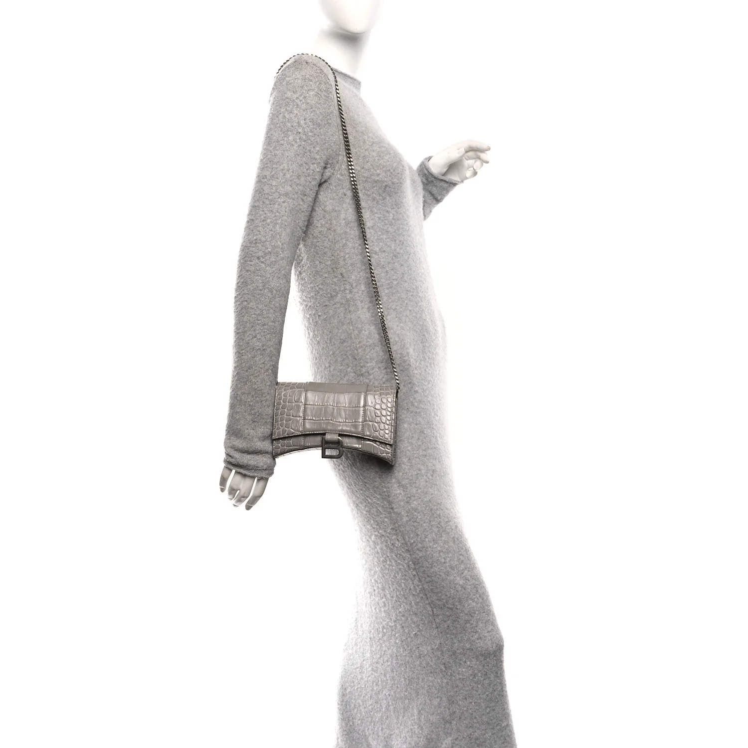 Shiny Calfskin Crocodile Embossed Hourglass Chain Bag Balenciaga Steel Grey - Image 2