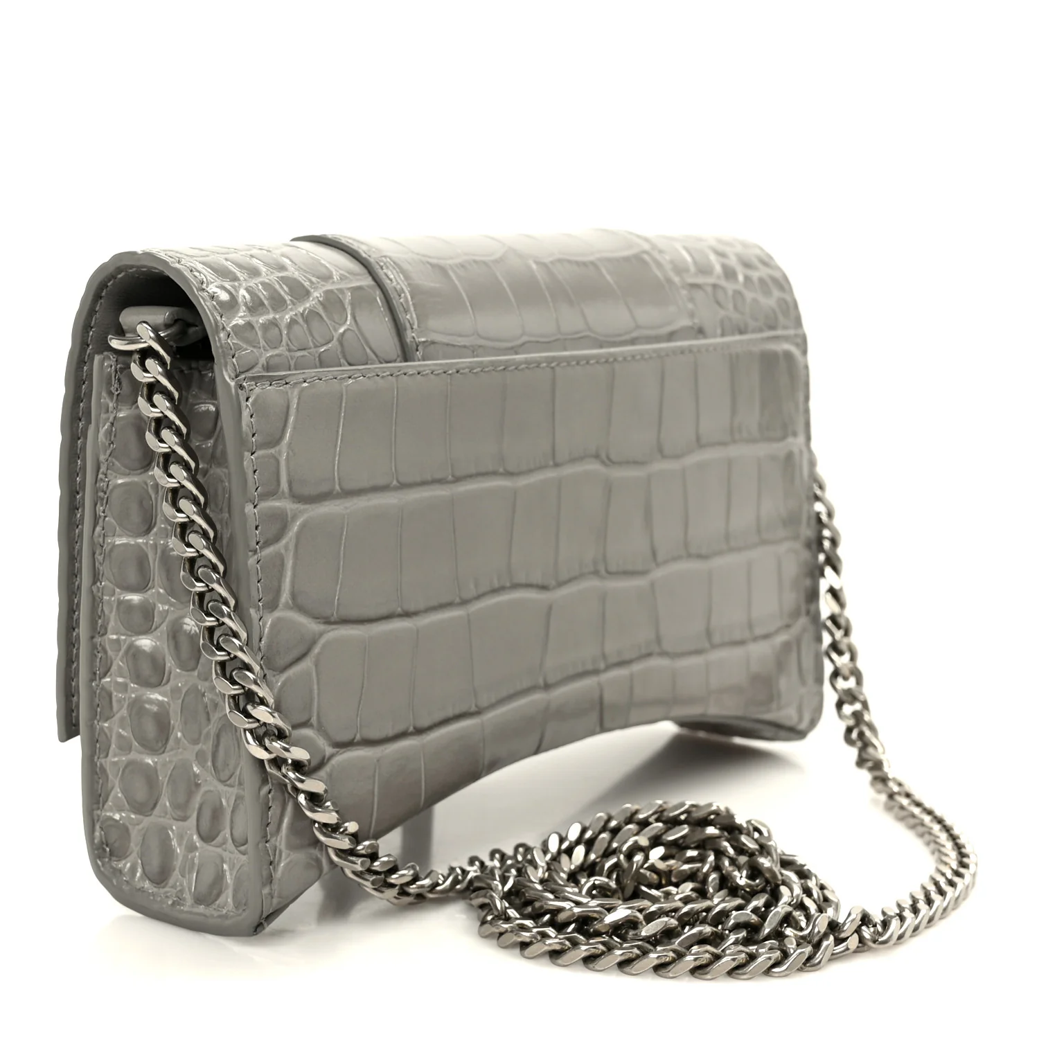 Shiny Calfskin Crocodile Embossed Hourglass Chain Bag Balenciaga Steel Grey - Image 3