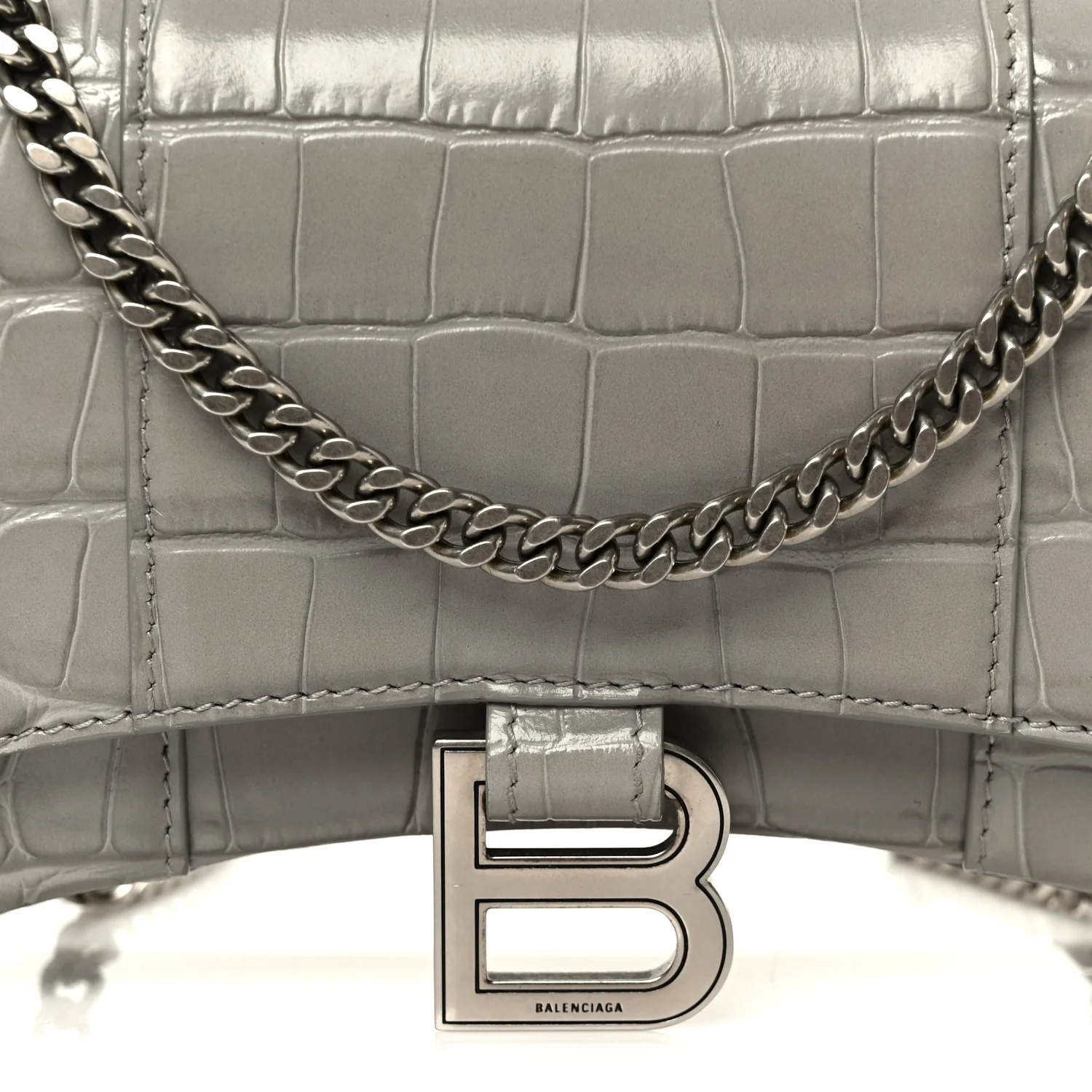 Shiny Calfskin Crocodile Embossed Hourglass Chain Bag Balenciaga Steel Grey - Image 8