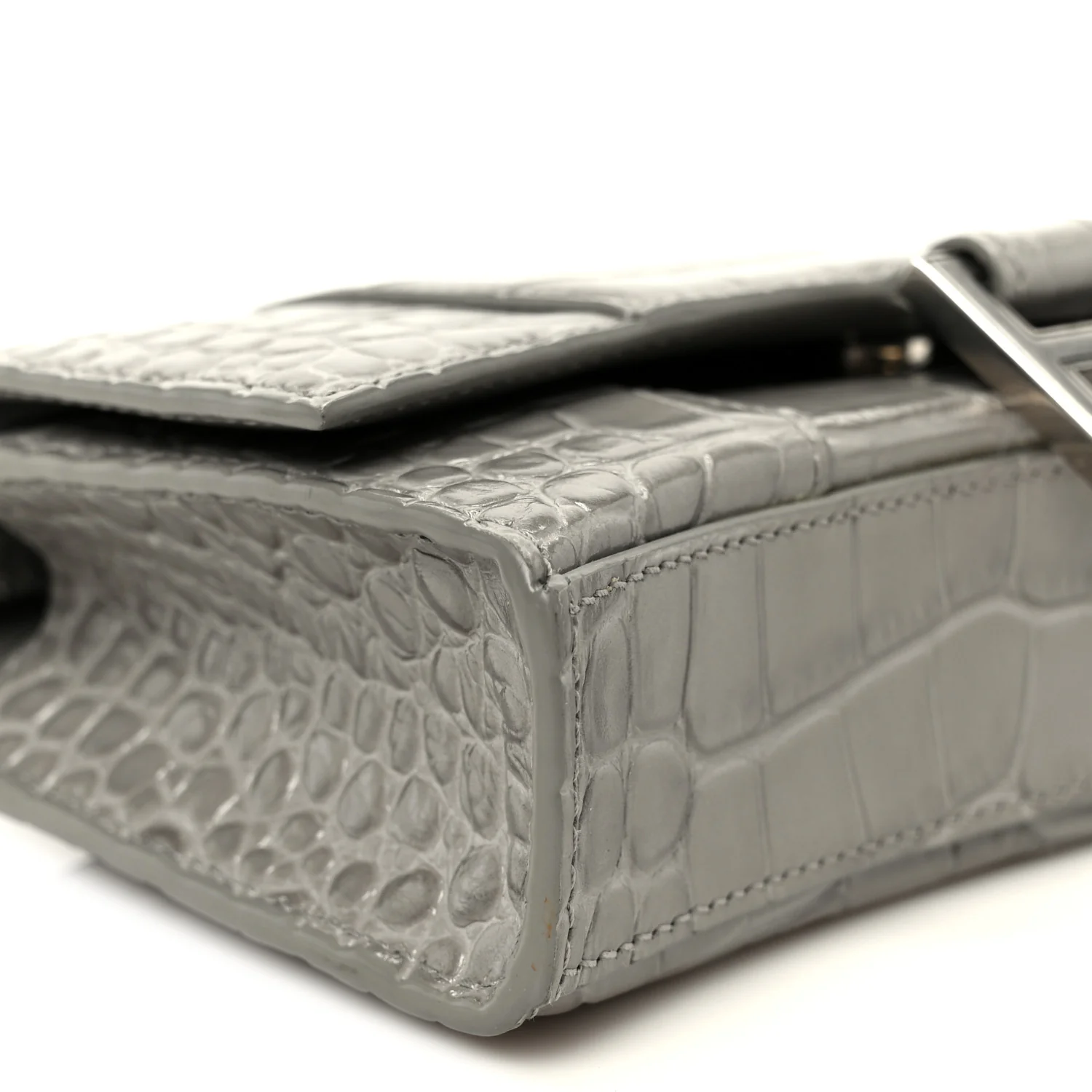 Shiny Calfskin Crocodile Embossed Hourglass Chain Bag Balenciaga Steel Grey - Image 9