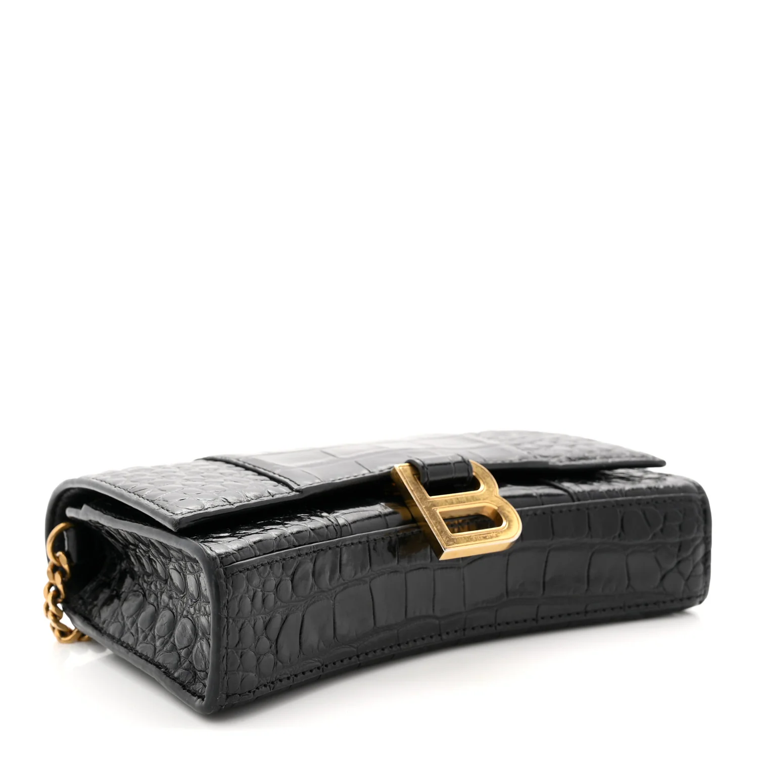 Shiny Calfskin Crocodile Embossed Hourglass Chain Bag  Black - Image 4