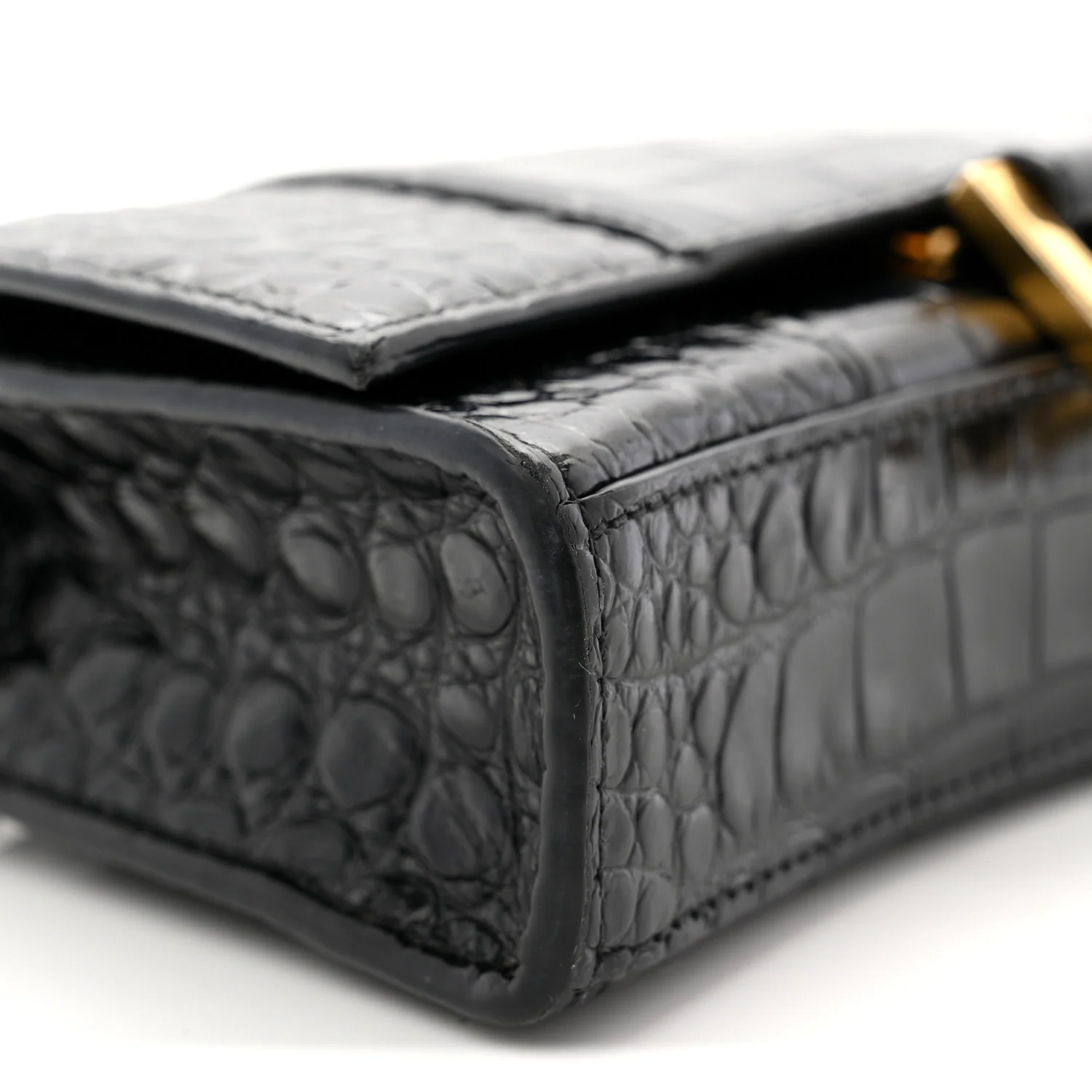 Shiny Calfskin Crocodile Embossed Hourglass Chain Bag  Black - Image 9