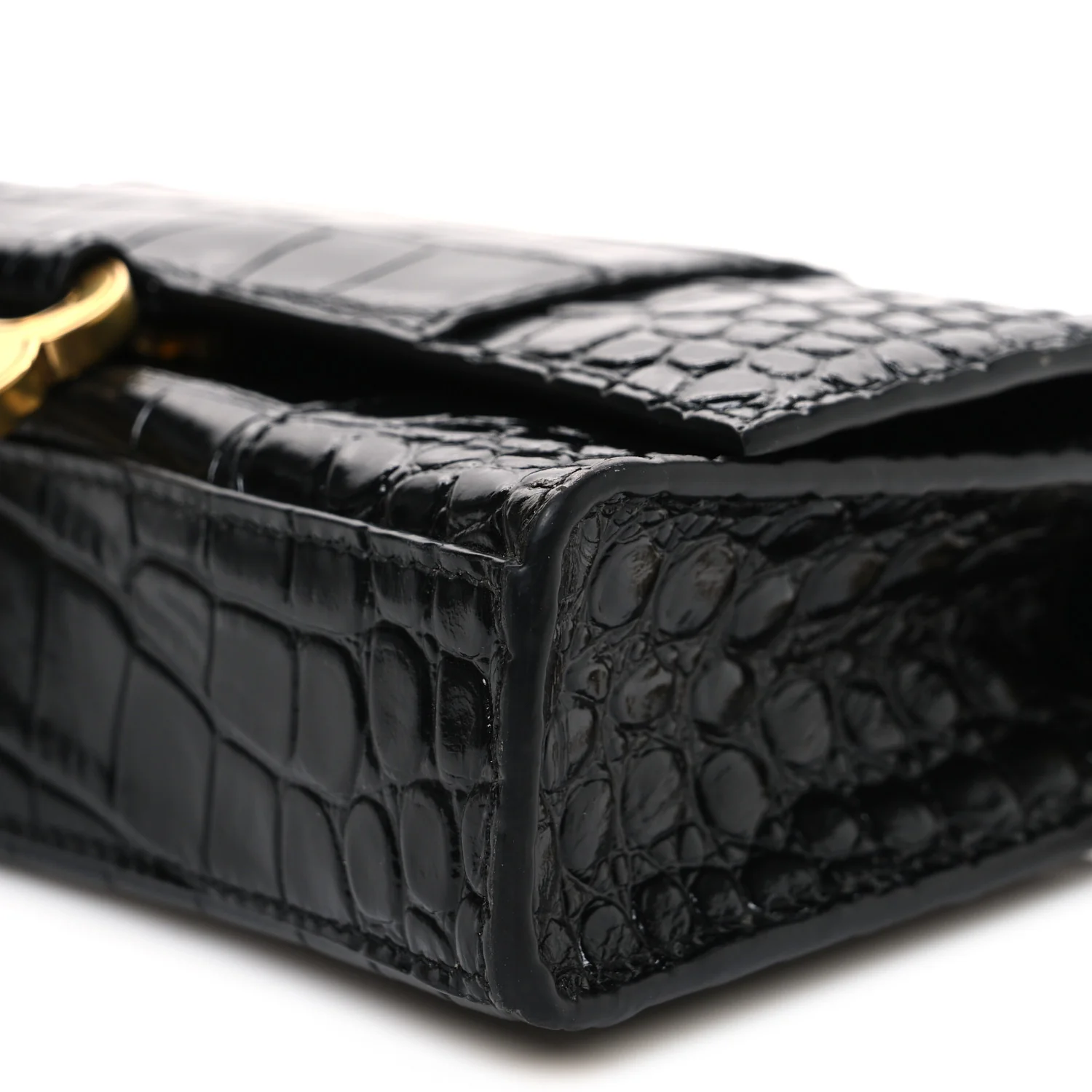 Shiny Calfskin Crocodile Embossed Hourglass Chain Bag Black - Image 10