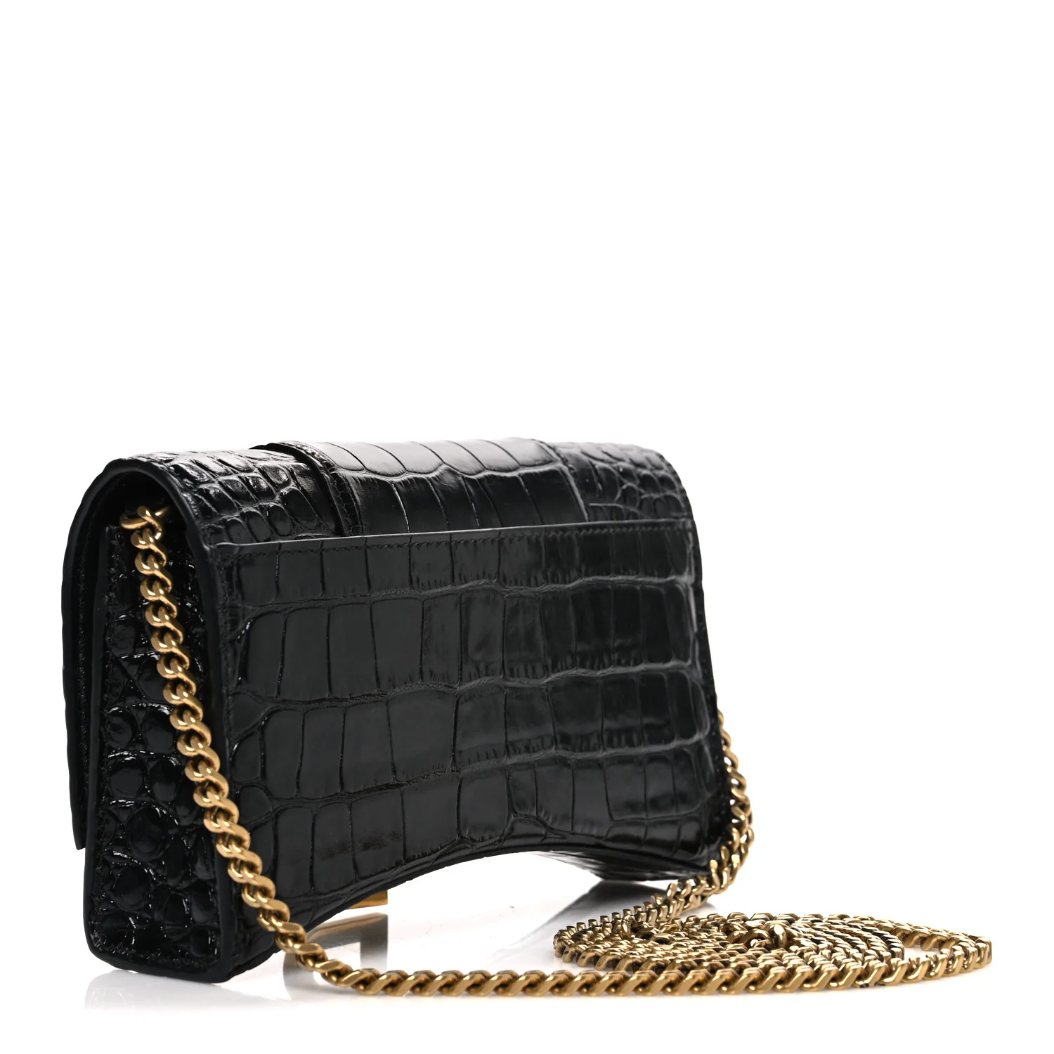 Shiny Calfskin Crocodile Embossed Hourglass Chain Bag Black - Image 2
