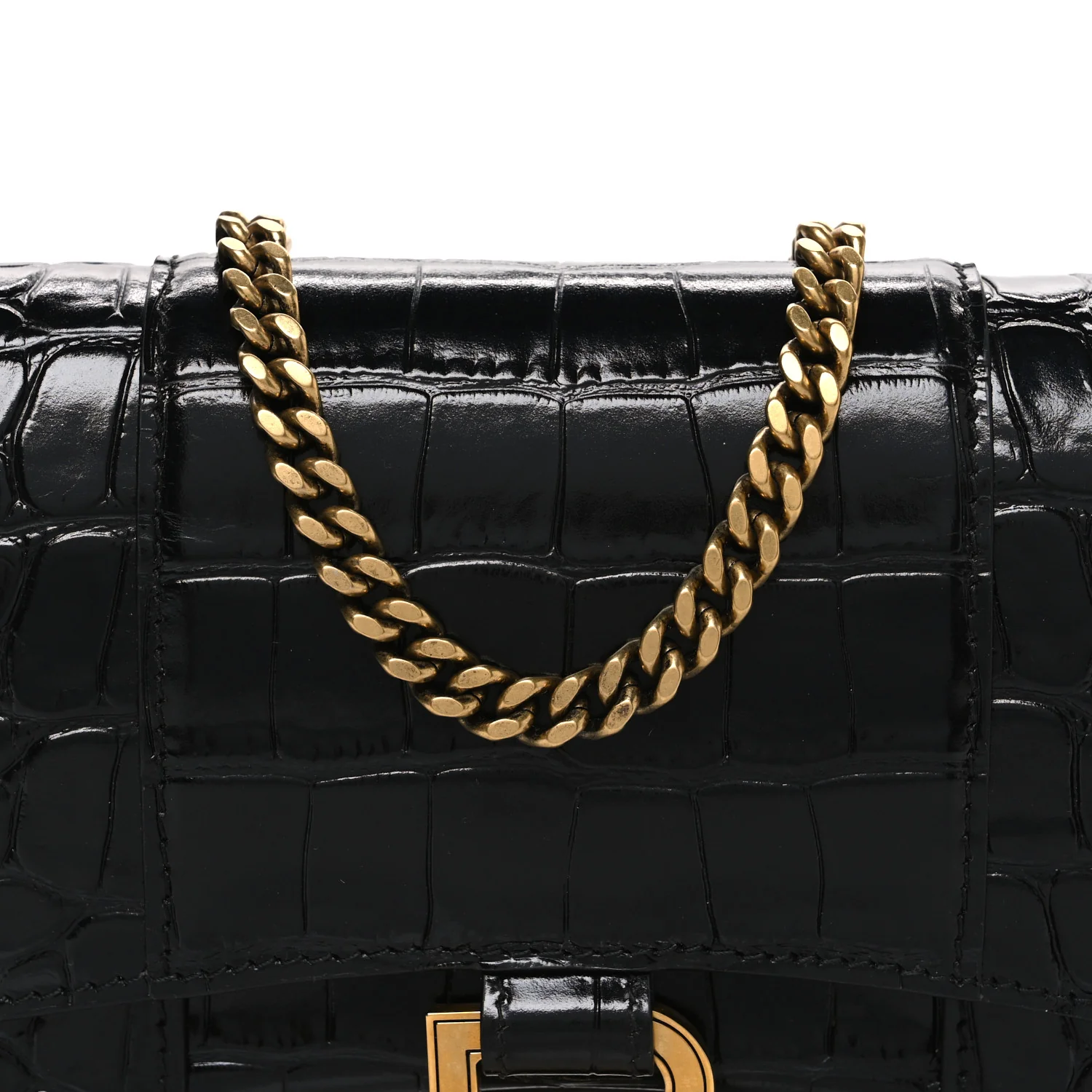 Shiny Calfskin Crocodile Embossed Hourglass Chain Bag Black - Image 8