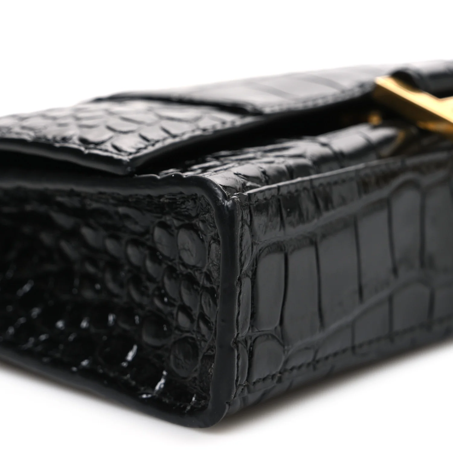 Shiny Calfskin Crocodile Embossed Hourglass Chain Bag Black - Image 9