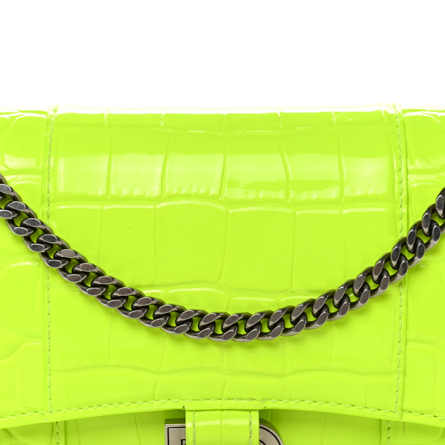 Shiny Calfskin Crocodile Embossed Hourglass Chain Bag Fluo Yellow - Image 8