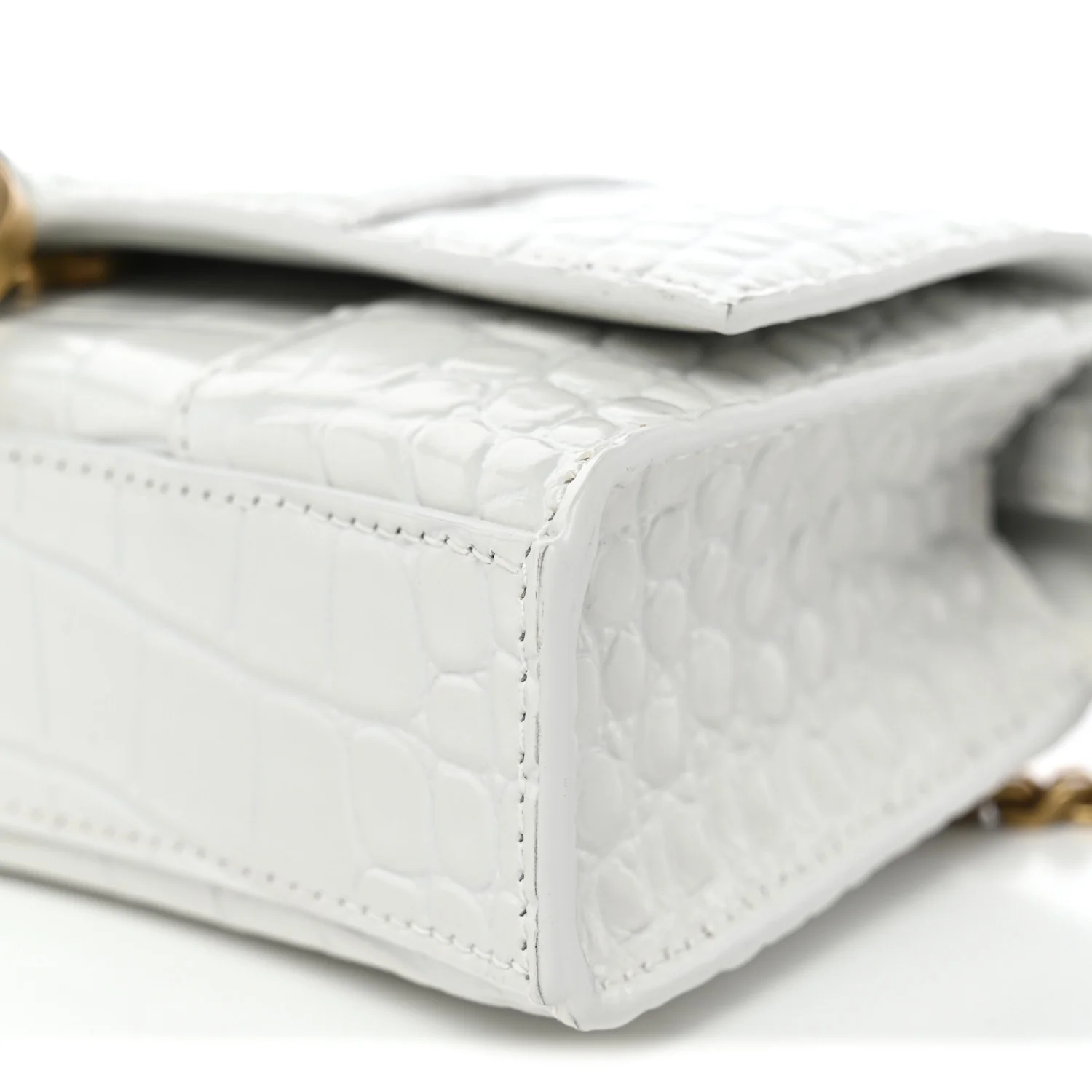 Shiny Calfskin Crocodile Embossed Hourglass Chain Bag White - Image 10