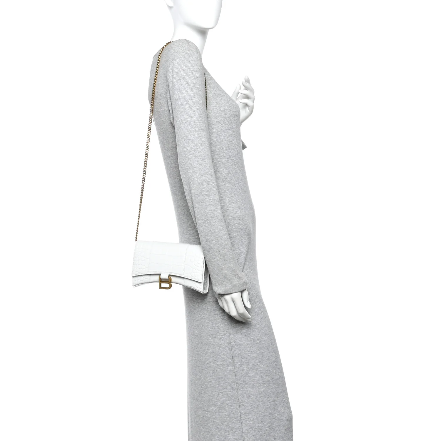 Shiny Calfskin Crocodile Embossed Hourglass Chain Bag White - Image 2