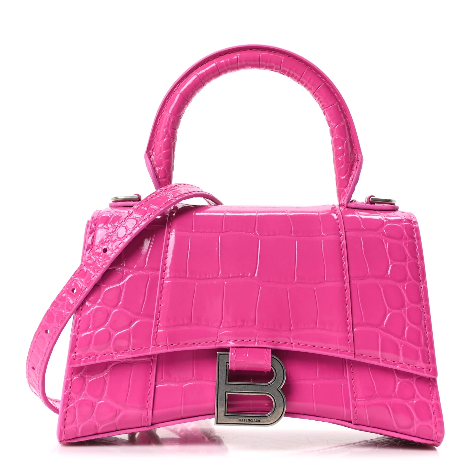 Shiny Calfskin Crocodile Embossed Hourglass Top Handle Bag XS Lipstick Pink