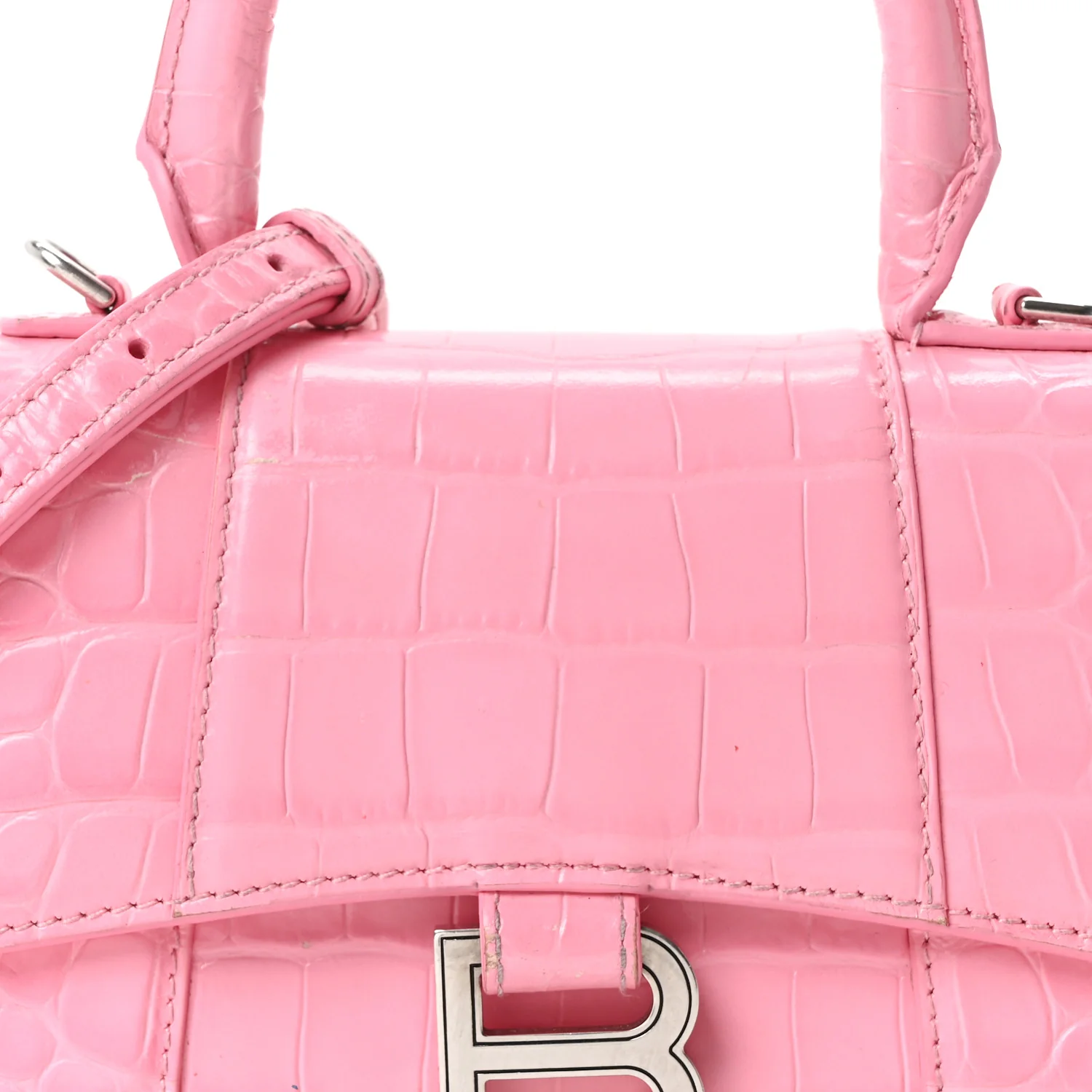 Shiny Calfskin Crocodile Embossed Hourglass Top Handle Bag XS Sweet Pink - Image 9