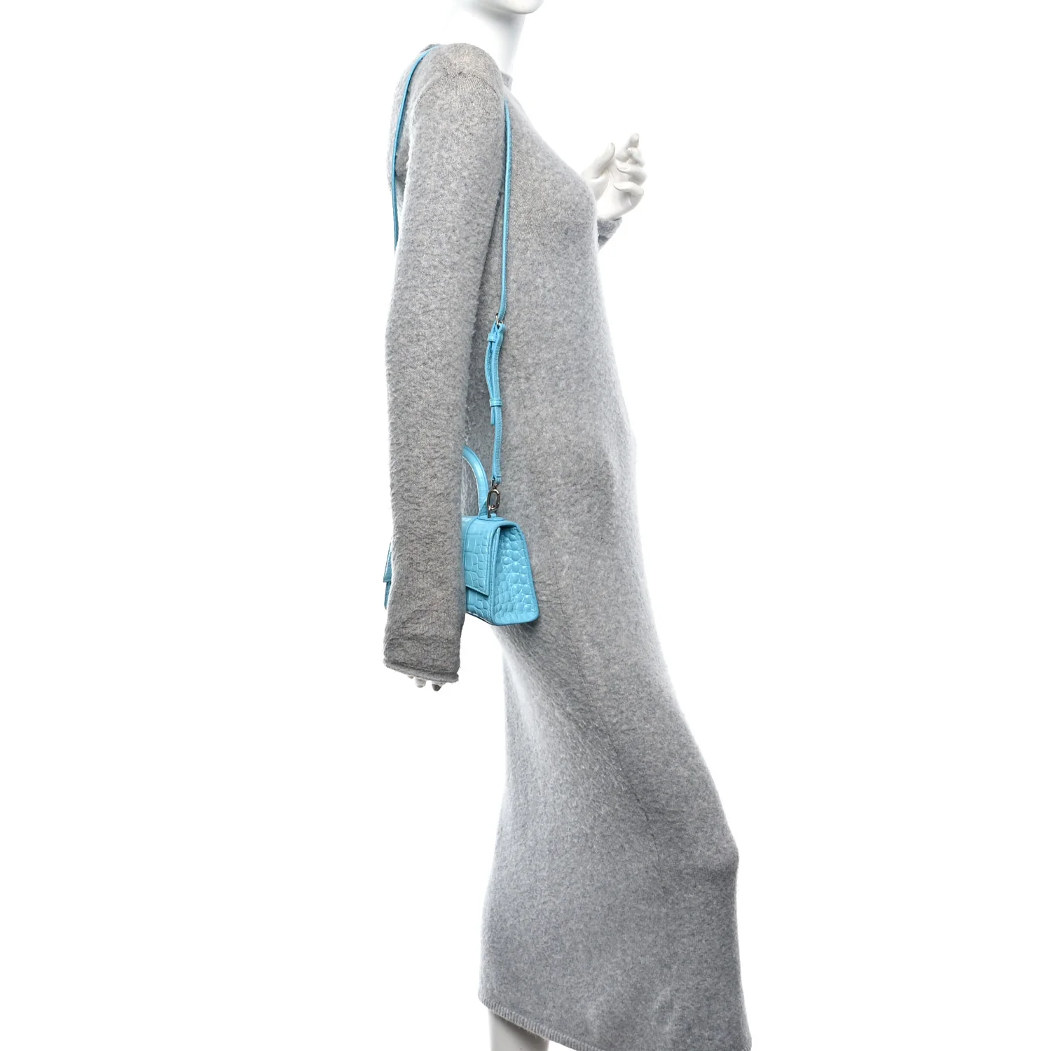Shiny Calfskin Crocodile Embossed Hourglass Top Handle Bag XS Turquoise - Image 2