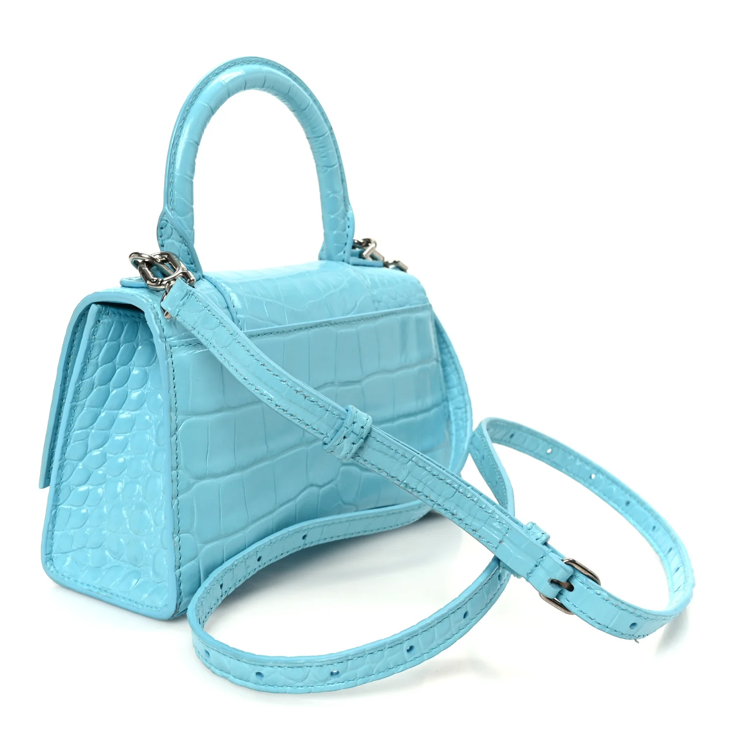 Shiny Calfskin Crocodile Embossed Hourglass Top Handle Bag XS Turquoise - Image 3