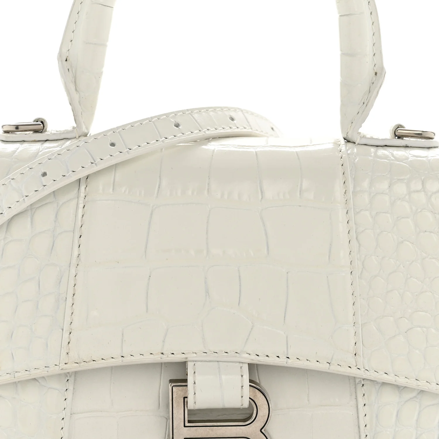 Shiny Calfskin Crocodile Embossed Hourglass Top Handle Bag XS White - Image 8
