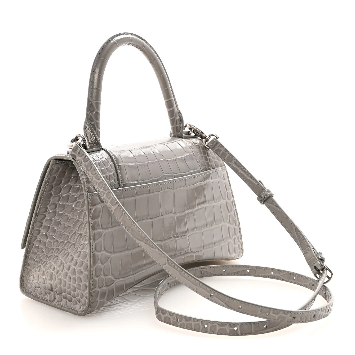 Shiny Calfskin Crocodile Embossed Small Hourglass Top Handle Bag Balenciaga Grey - Image 3