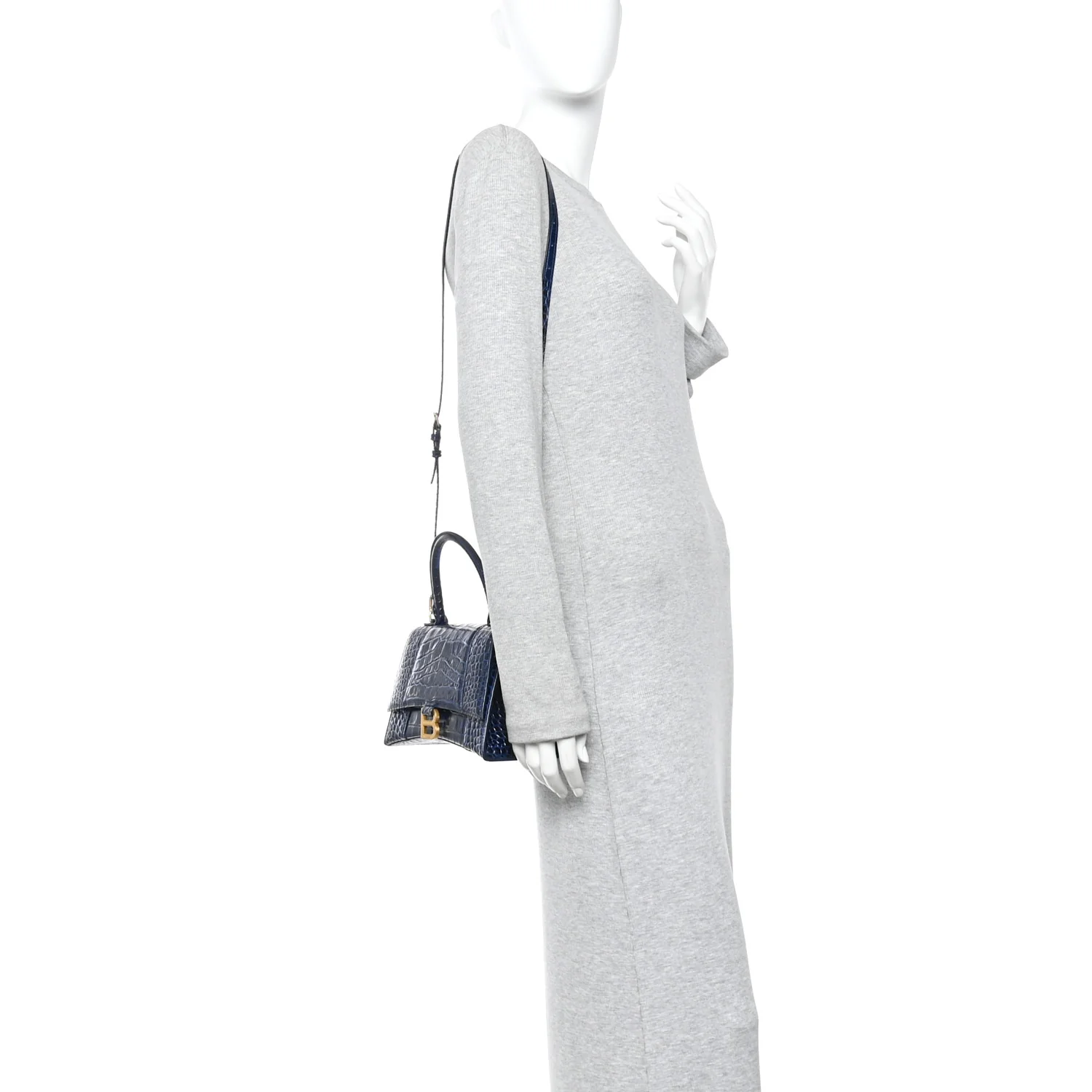 Shiny Calfskin Crocodile Embossed Small Hourglass Top Handle Bag Navy - Image 2