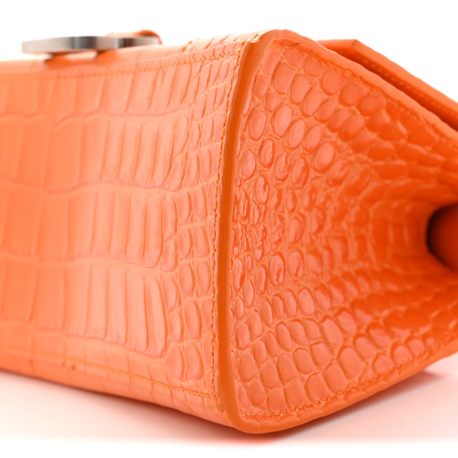 Shiny Calfskin Crocodile Embossed Small Hourglass Top Handle Bag Pop Orange - Image 10