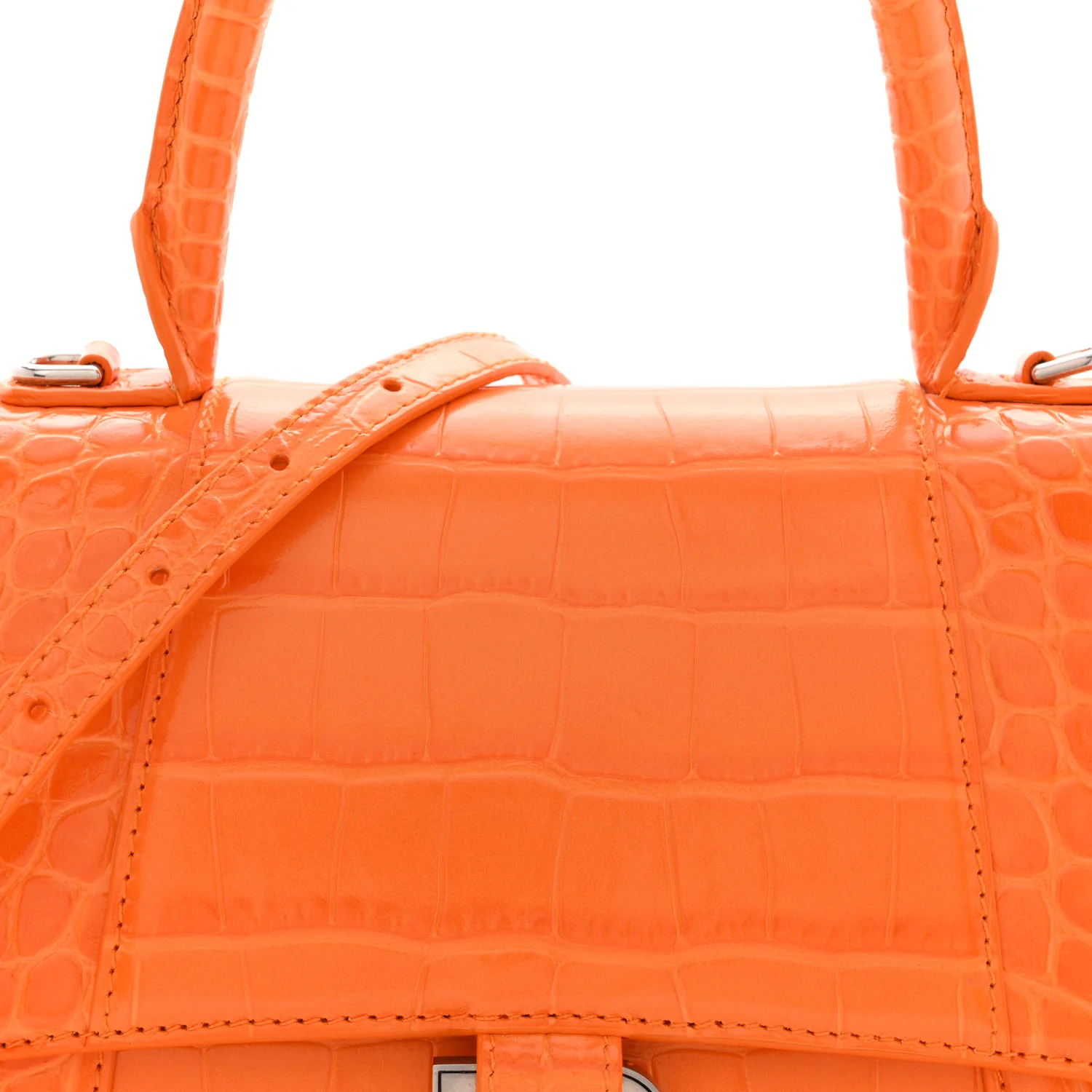 Shiny Calfskin Crocodile Embossed Small Hourglass Top Handle Bag Pop Orange - Image 8