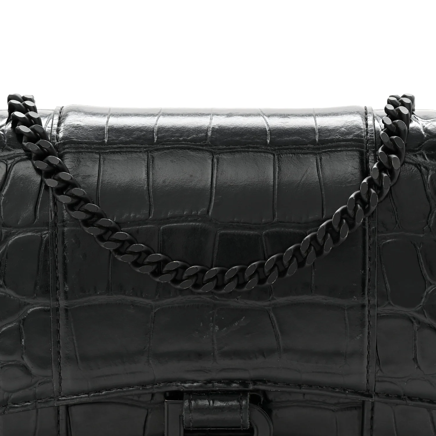 Shiny Calfskin Monochrome Crocodile Embossed Hourglass Chain Bag Black - Image 7