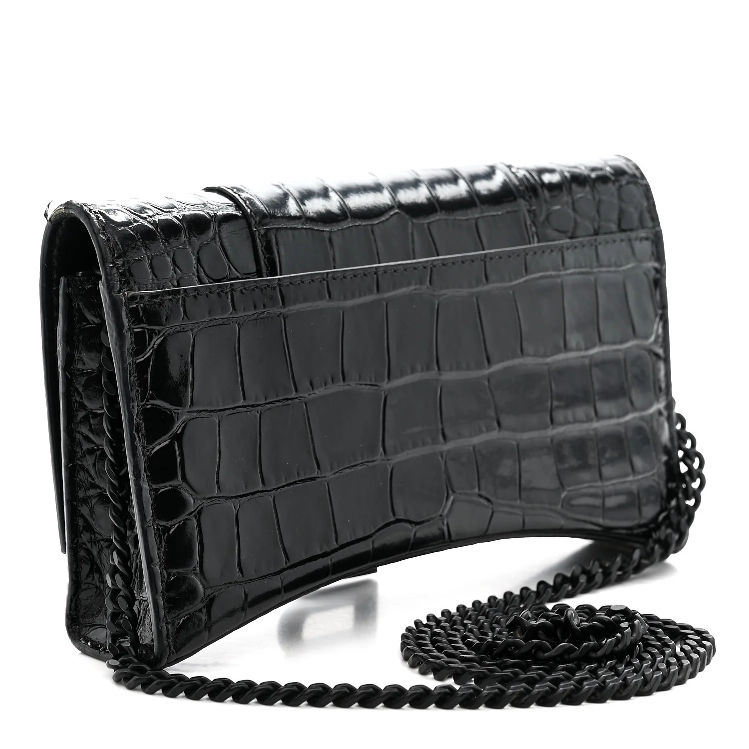 Shiny Calfskin Monochrome Crocodile Embossed Hourglass Chain Bag Black - Image 3