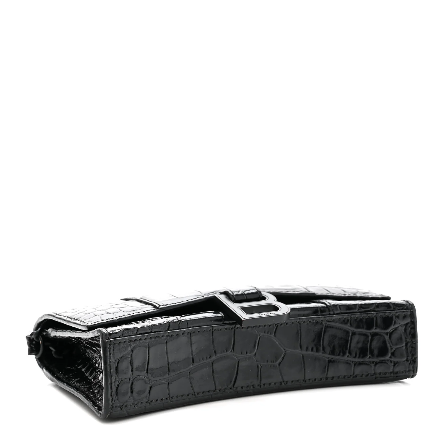 Shiny Calfskin Monochrome Crocodile Embossed Hourglass Chain Bag Black - Image 4