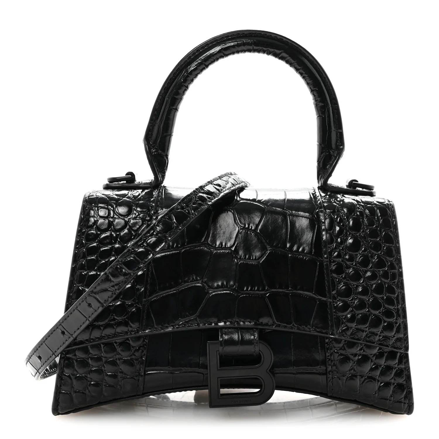 Shiny Calfskin Monochrome Crocodile Embossed Hourglass Top Handle Bag XS Black
